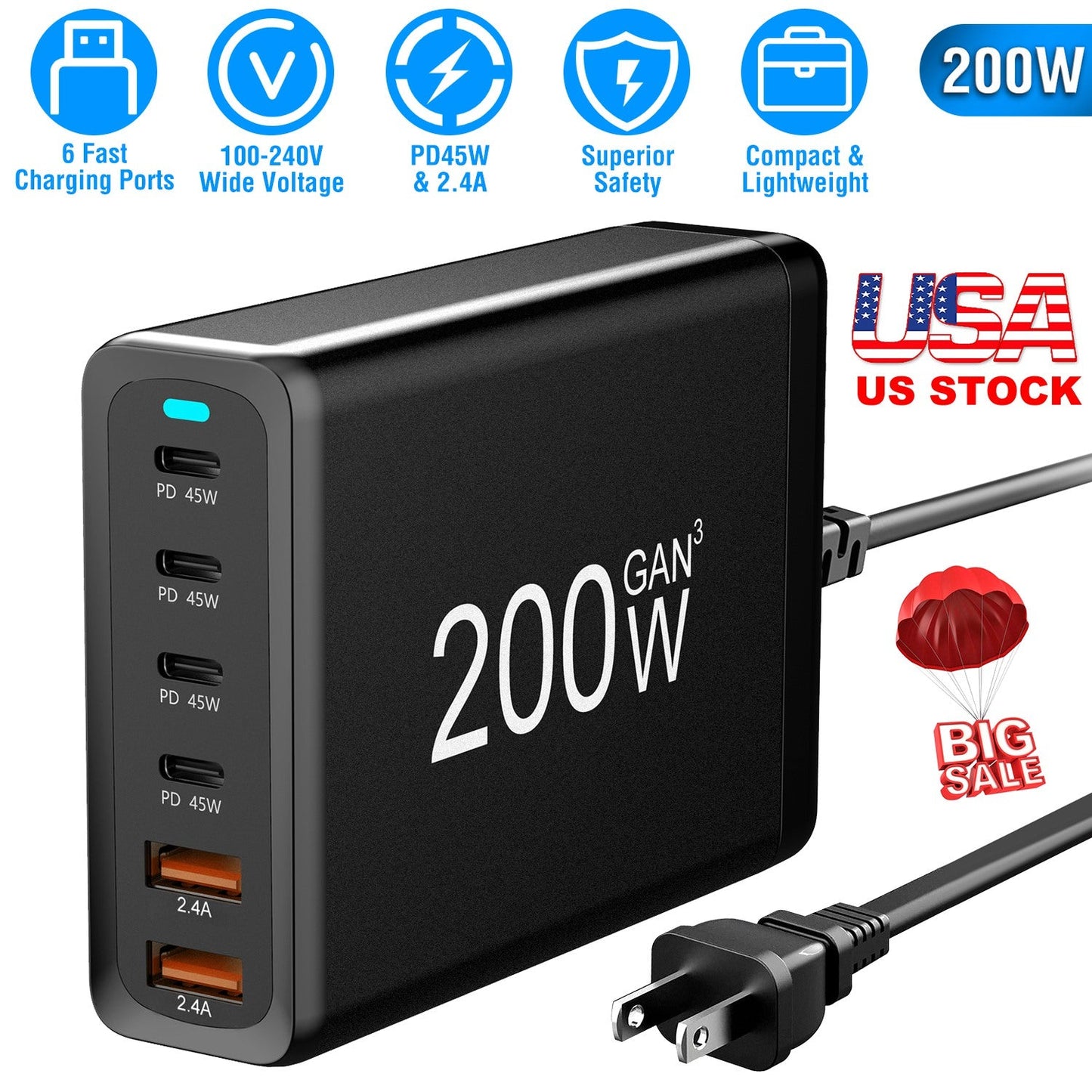 200W Fast Wall Charger with 6 Ports - Premium USB Charging Station