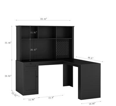 Writing desk with drawer bookshelf and charger, modern L-shaped desk with storage space, corner gaming computer desk - Korvel