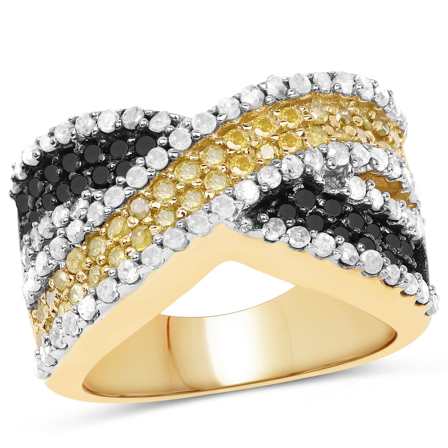 Bague en Diamant Noir, Blanc et Jaune Plaquée Or Jaune 14K