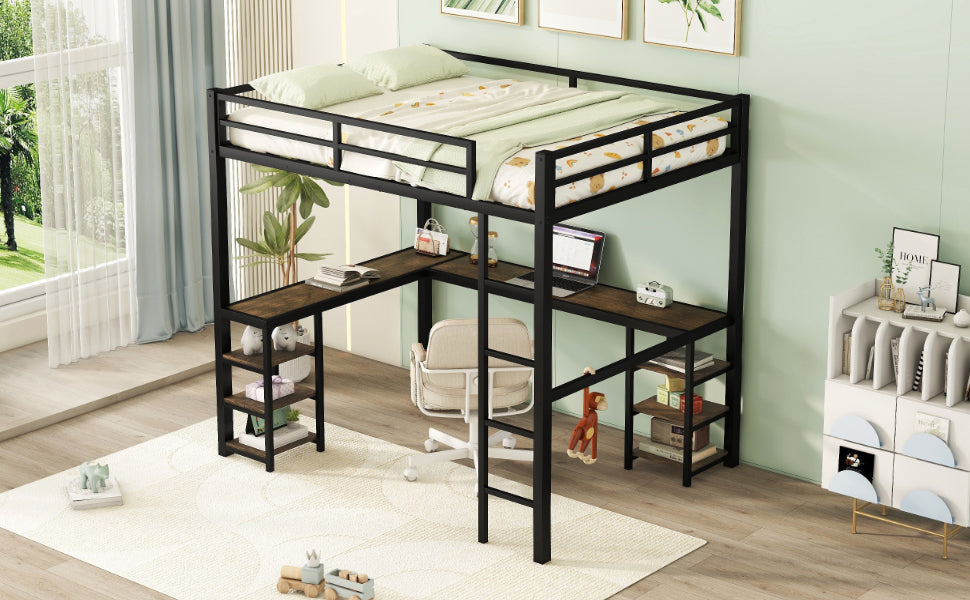 Full Metal Loft Bed with Desk and Shelves, Loft Bed with Ladder and Guardrails, Loft Bed Frame for Bedroom, Black - Korvel