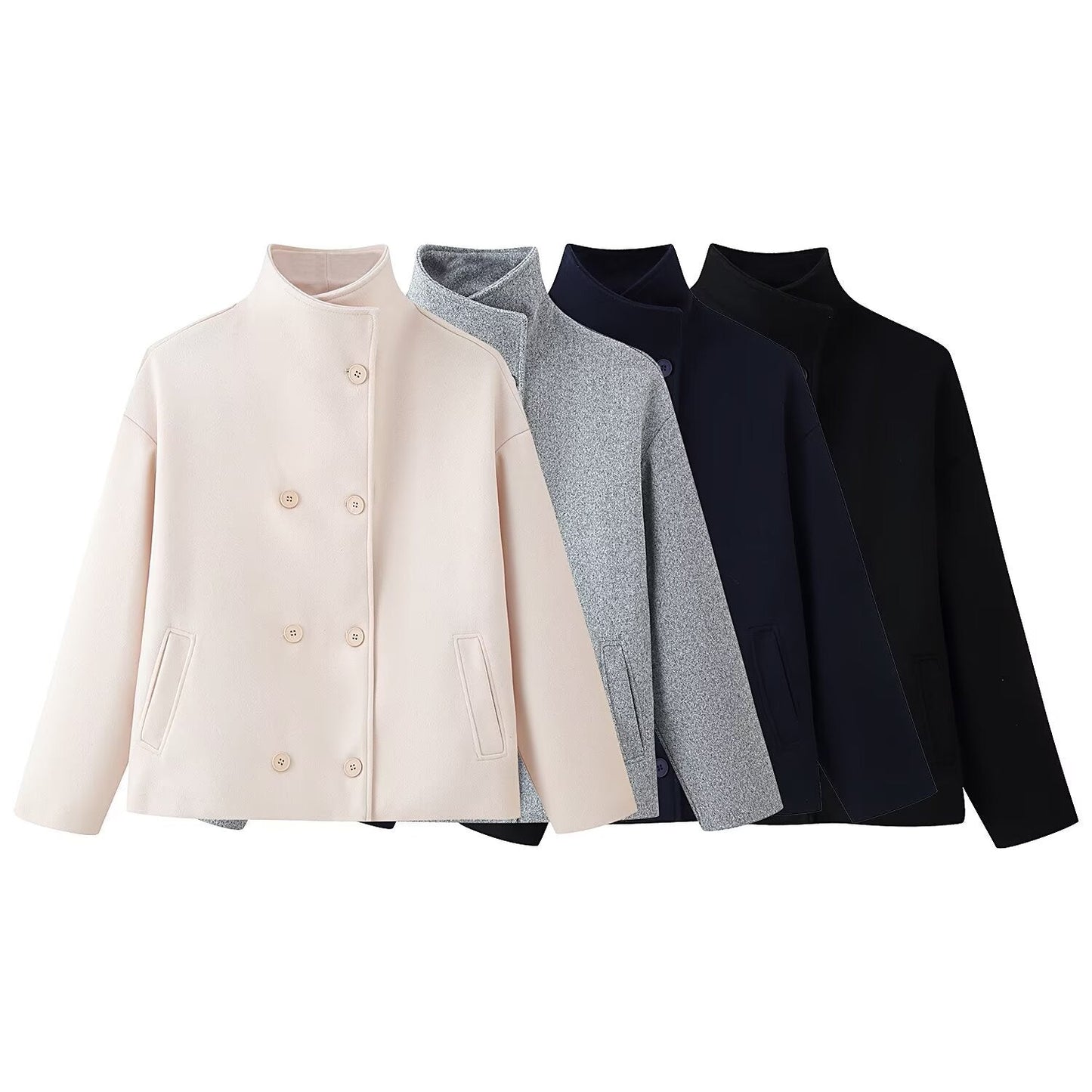 Womens Short Wool Coat with Stand Collar and Double-Breasted Buttons
