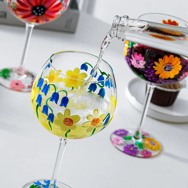 Nordic Colored Glass Wine Glasses Creative Hand-Painted Flowers Wine Glass Household Painted Goblet Crystal Champagne Drinkware - Korvel