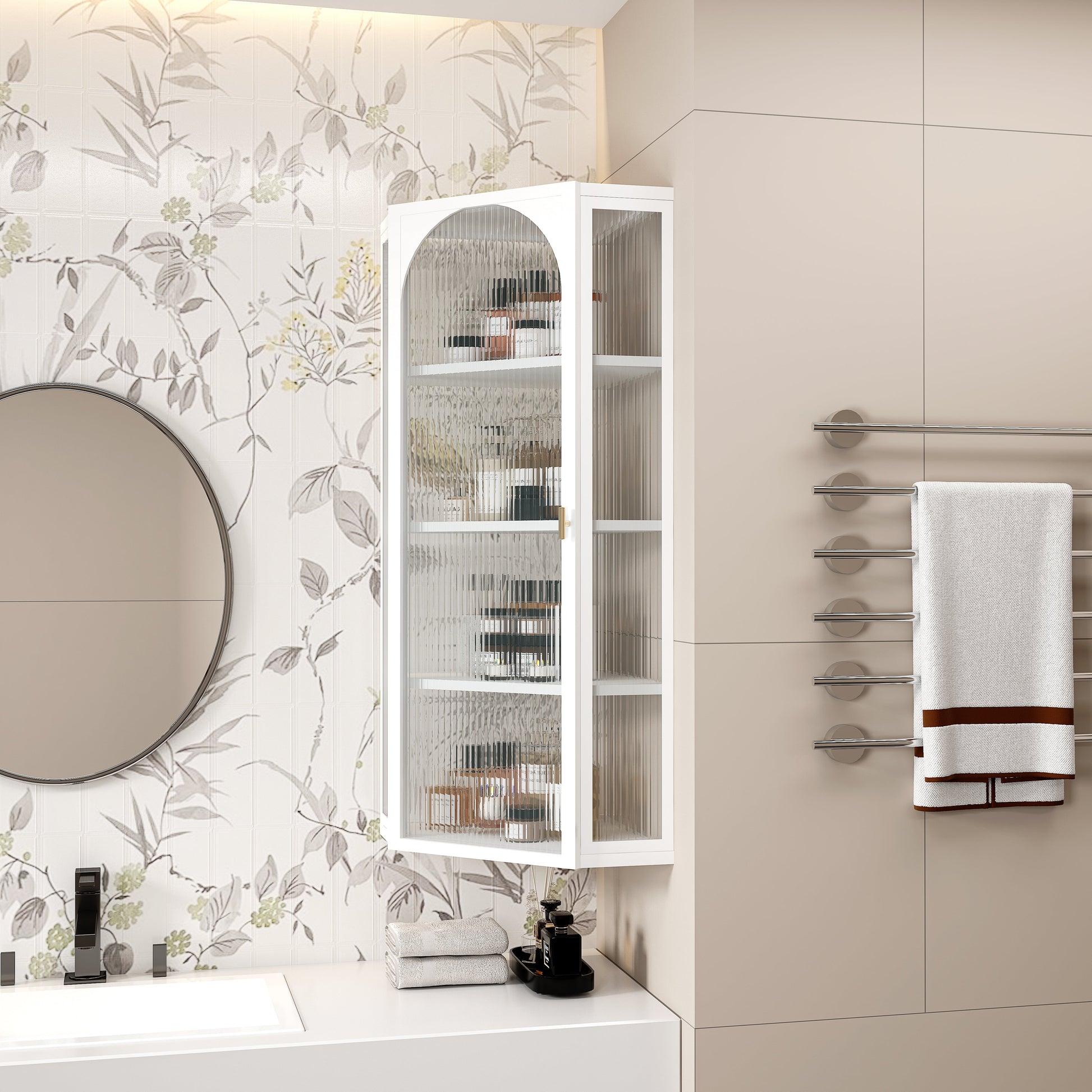 Glass Door Wall Mounted Corner Cabinet with Featuring Four-tier Storage  White - Korvel