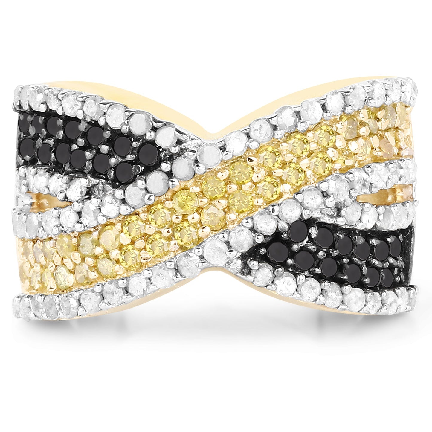 Bague en Diamant Noir, Blanc et Jaune Plaquée Or Jaune 14K