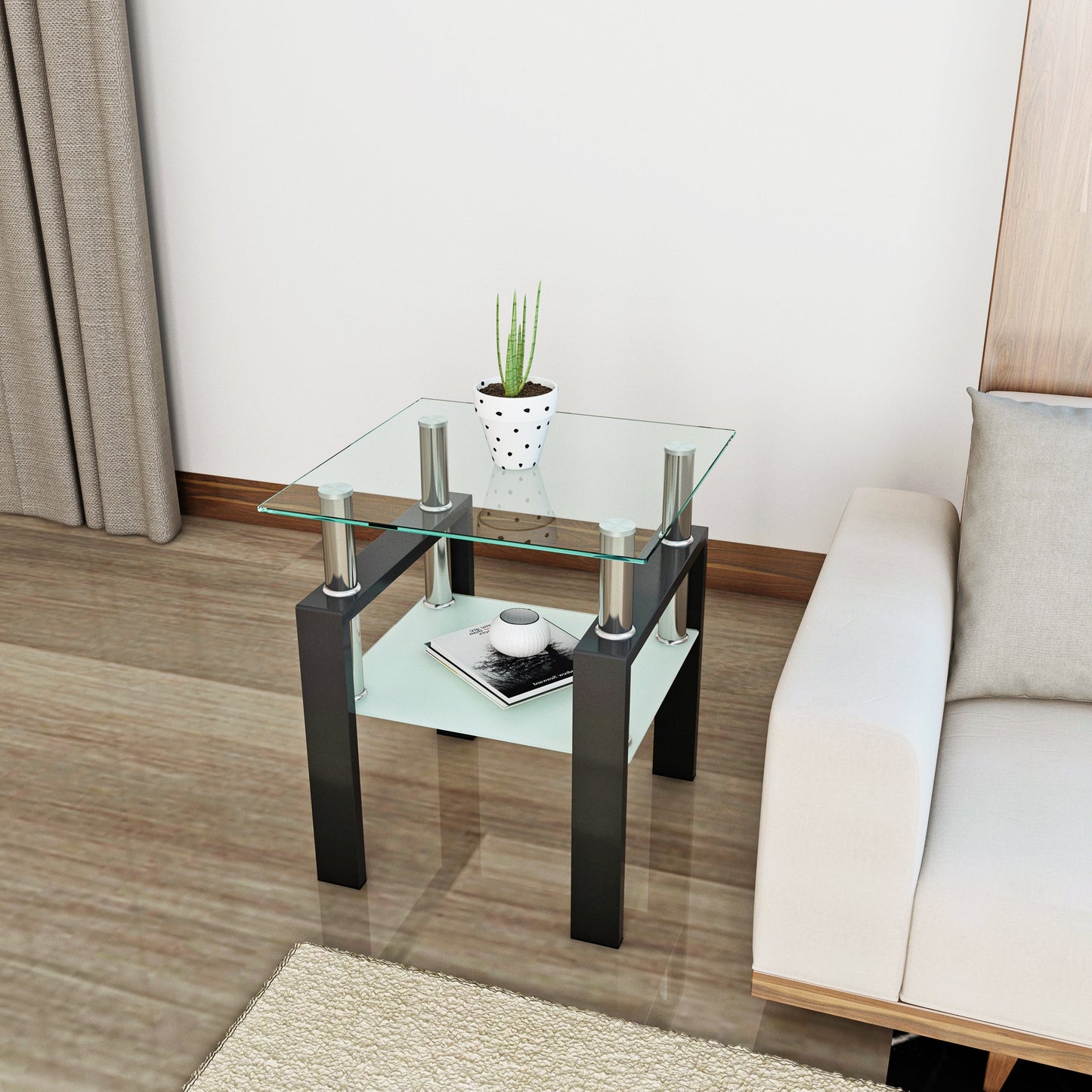 1-Piece Modern Tempered Glass Tea Table Coffee Table End Table, Square Table for Living Room, Transparent/Black - Korvel
