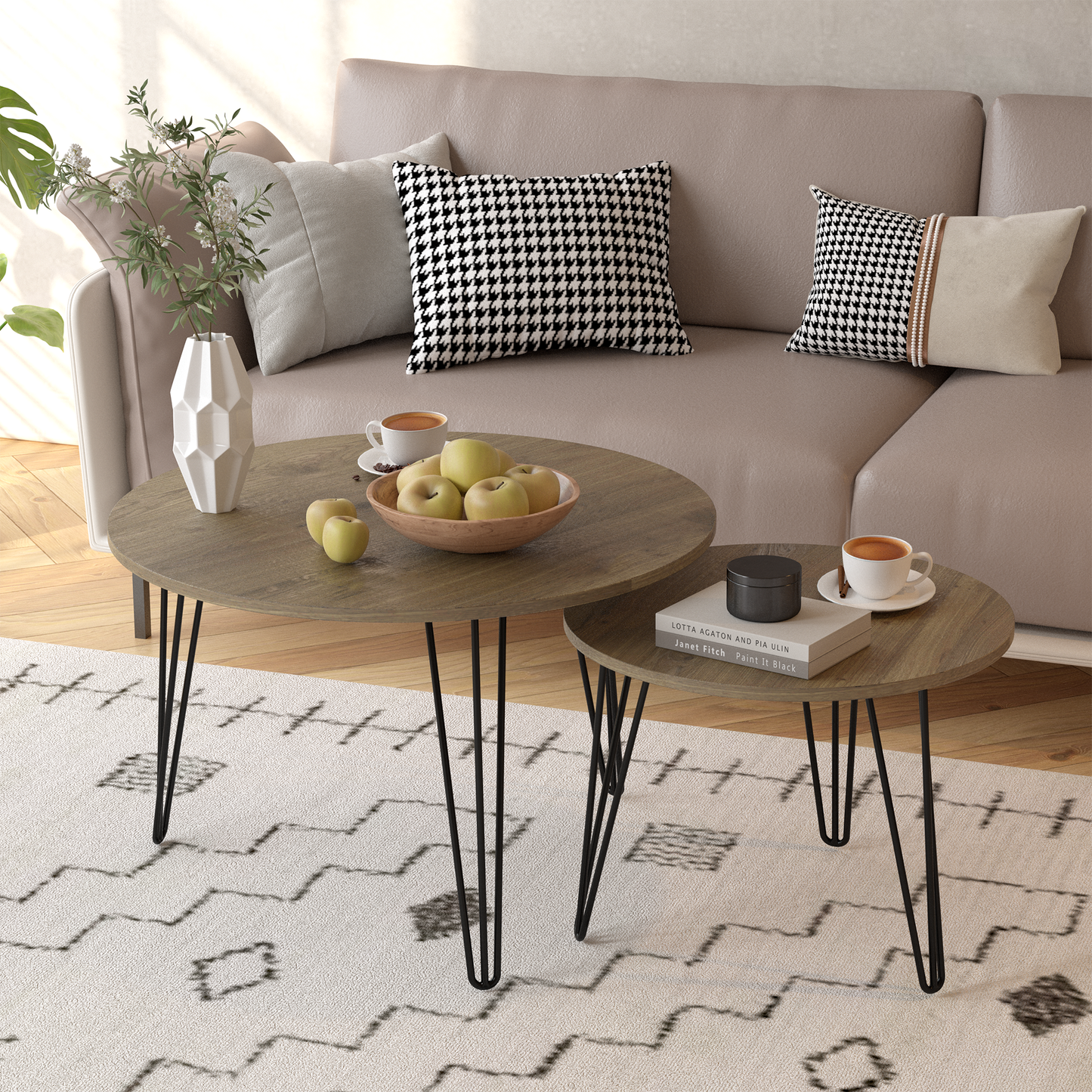 27.56'' Round Nesting Coffee Table Set of 2, Circular Nesting End Table Set  Sturdy Metal Base for Living Room, bedroom, Brown - Korvel