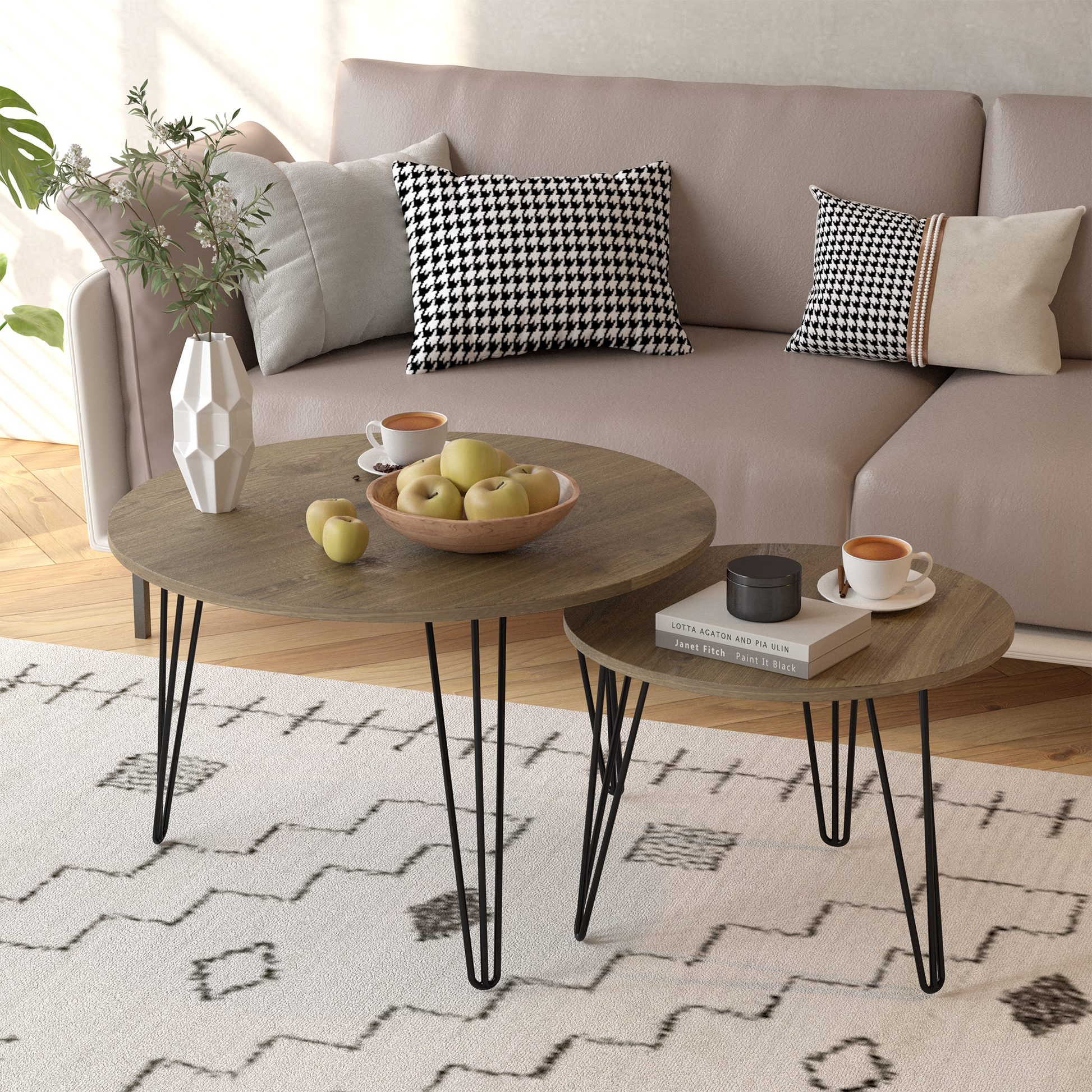 27.56'' Round Nesting Coffee Table Set of 2, Circular Nesting End Table Set  Sturdy Metal Base for Living Room, bedroom, Brown - Korvel
