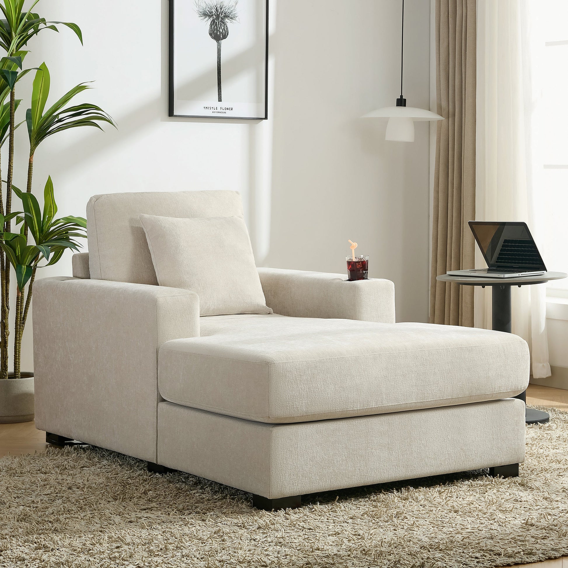 39.7" Oversized Chaise Lounger Modern Style Sofa Couch ,with Pillows, Charge Station & Cup Holders, Chenille Fabric, Cream - Korvel