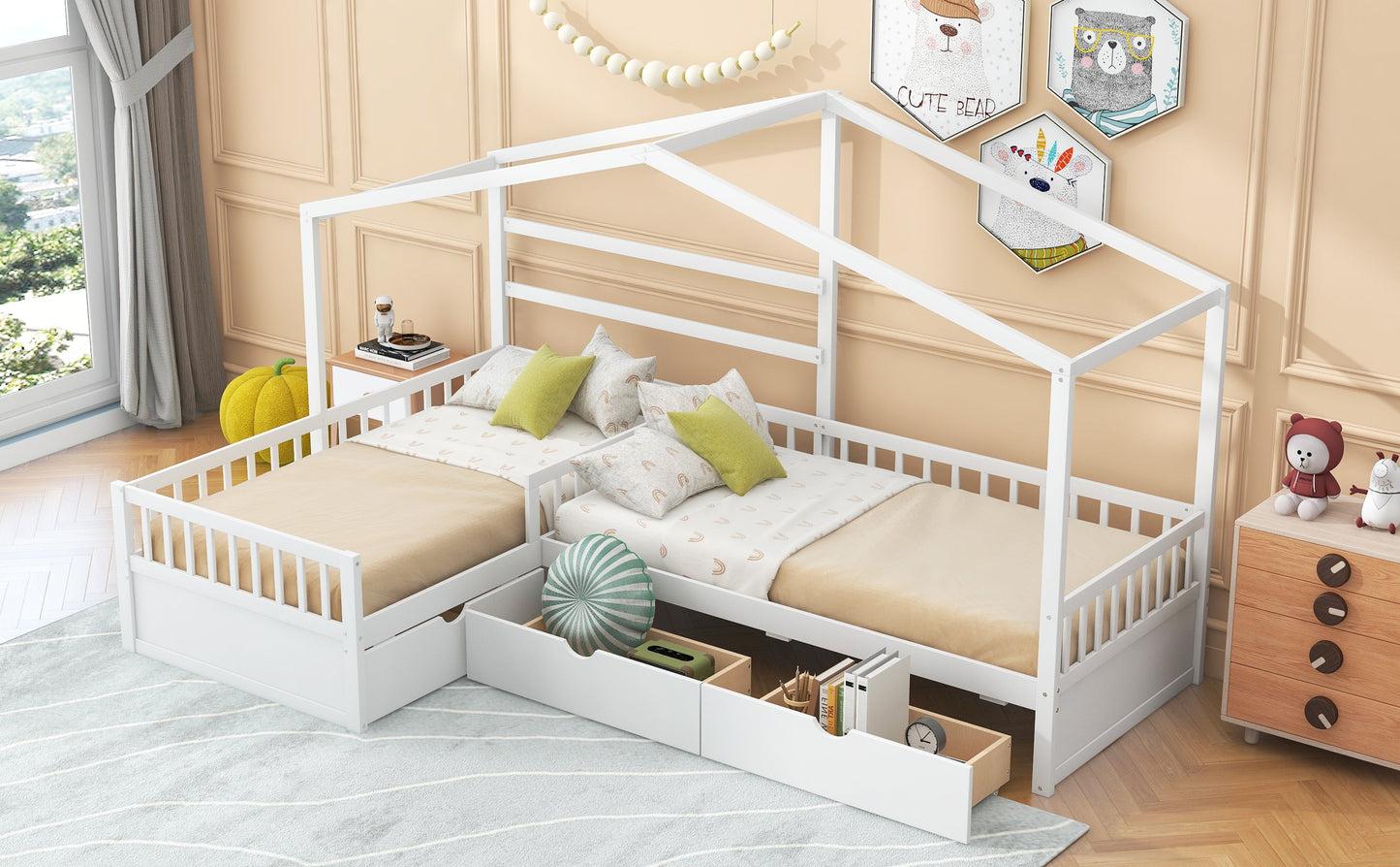 Twin Size House Platform Bed with Three Storage Drawers White - Korvel