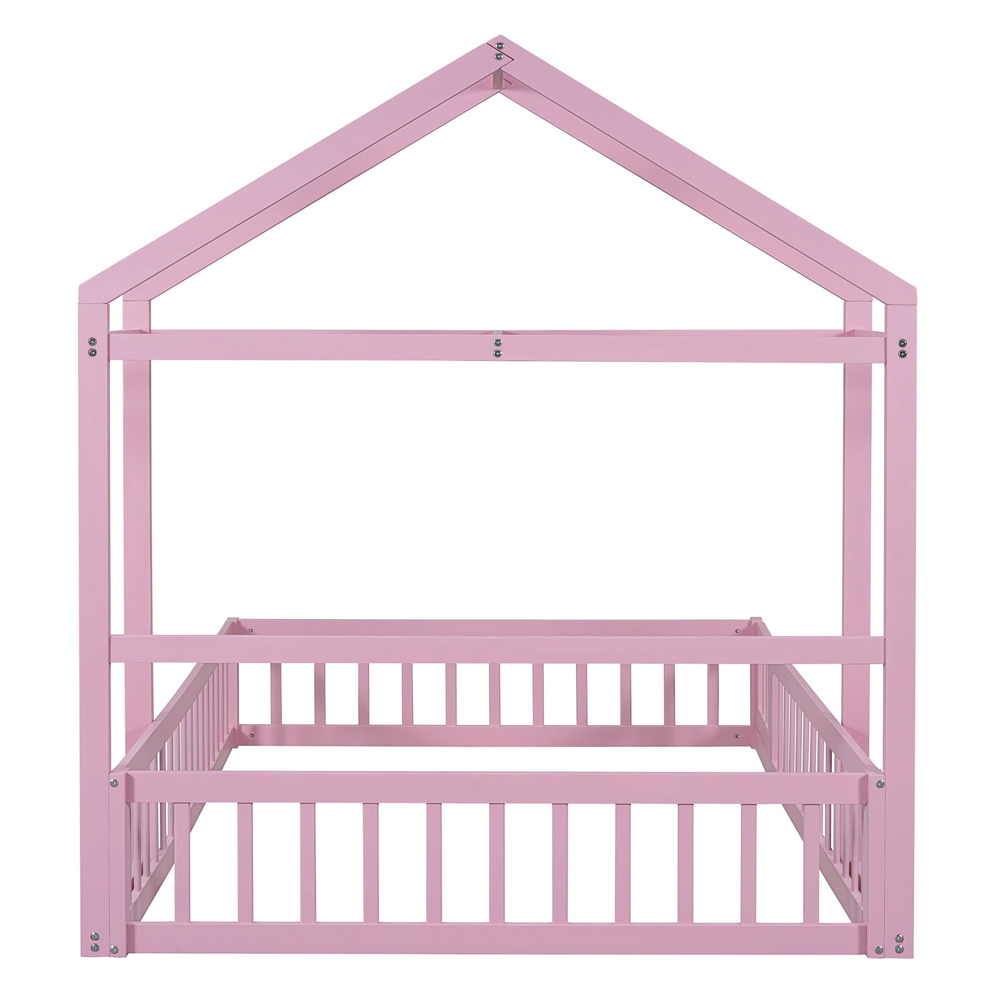 Wooden Full Size Children's Bed with Detachable Headboard and Integrated Clothes Drying Rack, Pink - Korvel