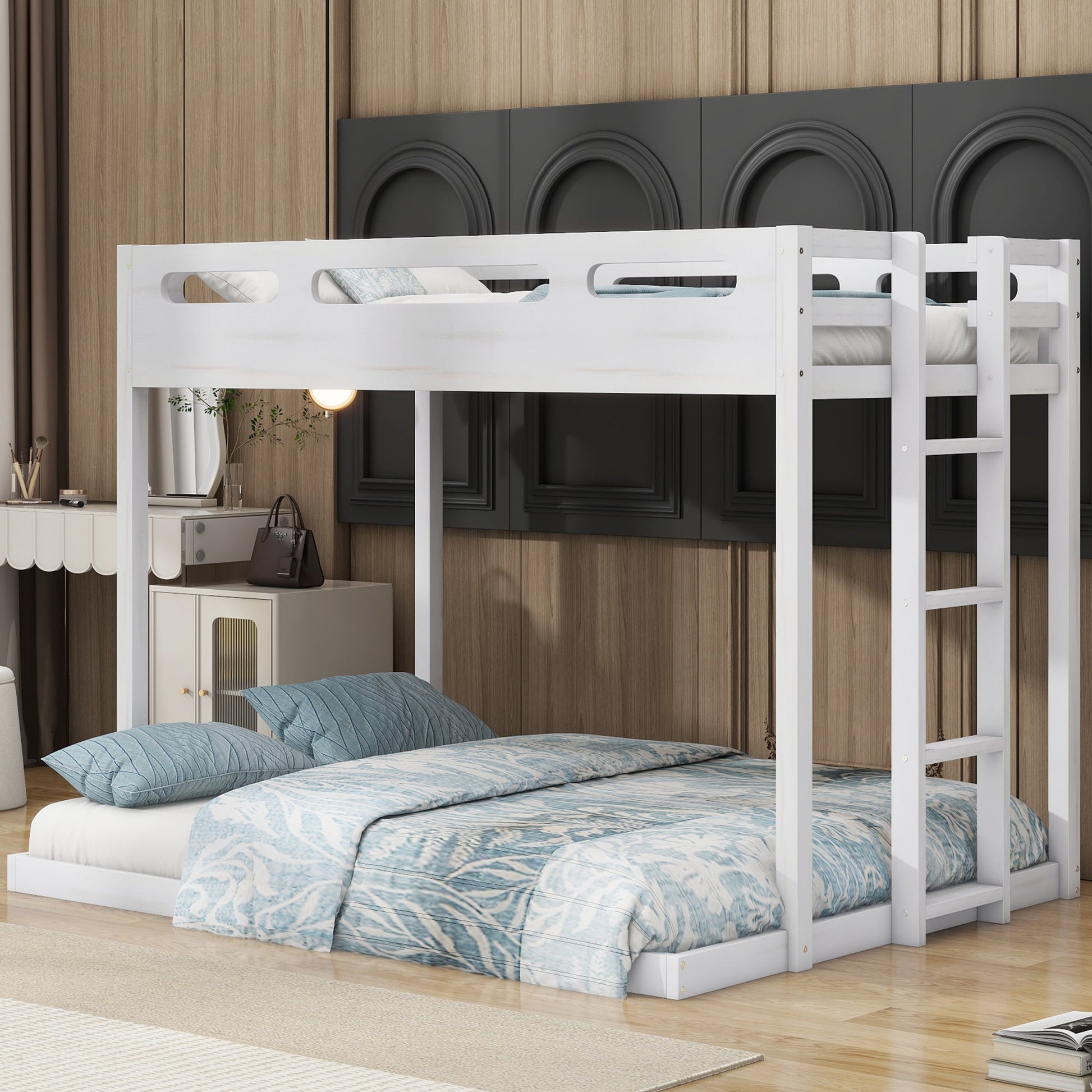 Twin over Full Bunk Bed with Built-in Ladder,White - Korvel