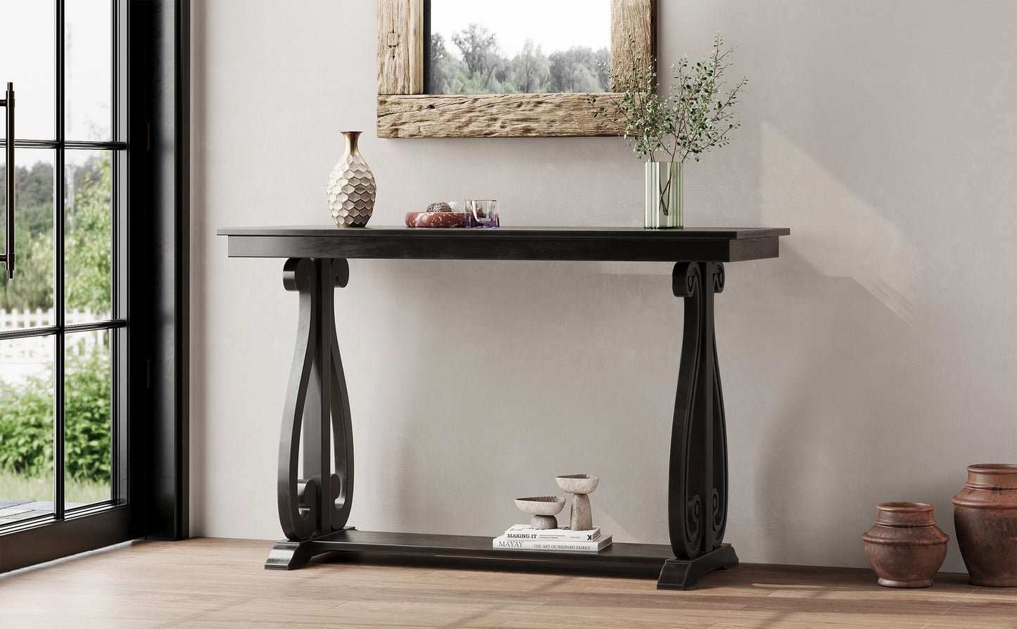 48-Inch Rustic Vintage Console Table --- Farmhouse Style Entryway Table with Open Shelf and Sturdy Construction (Black) - Korvel