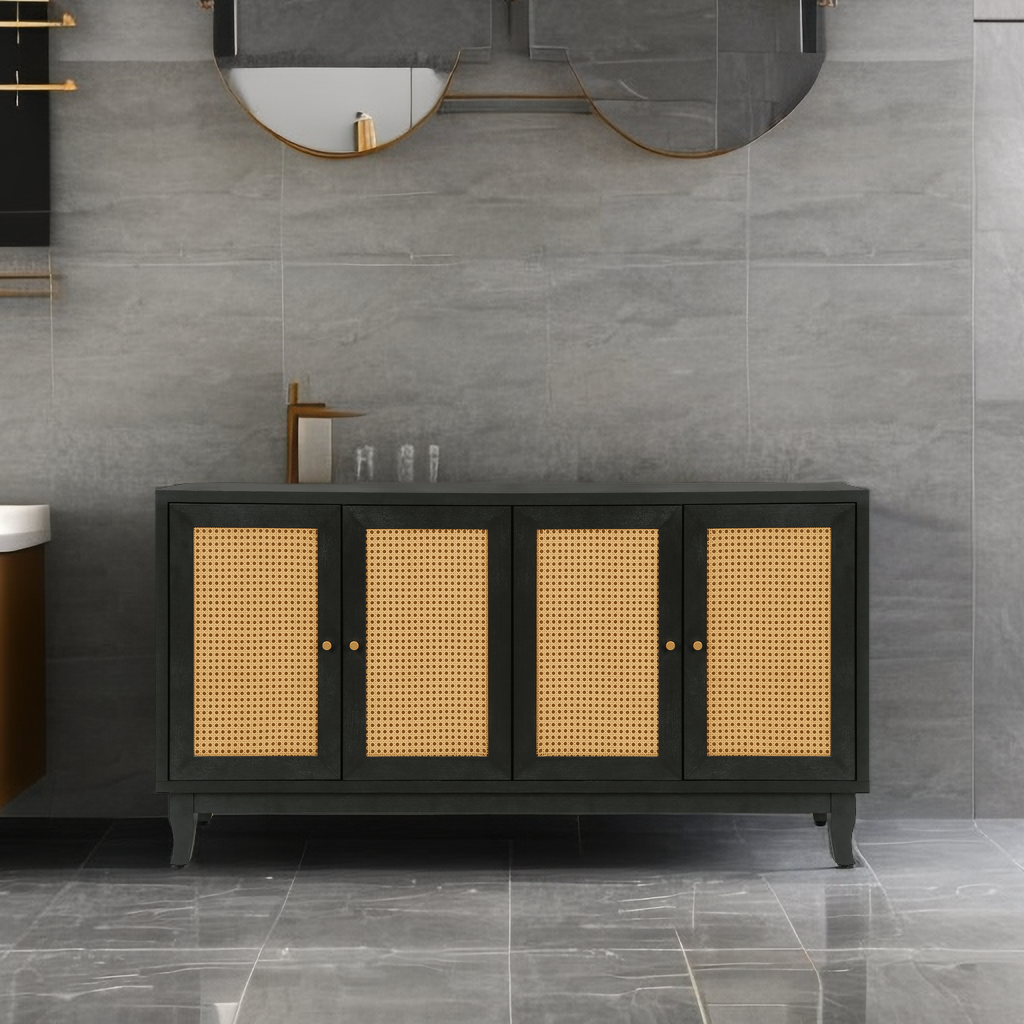 Handcrafted Premium Grain Panels Rattan Sideboard Buffer Cabinet Accent Storage Cabinet With 4 Rattan Doors BLACK - Korvel