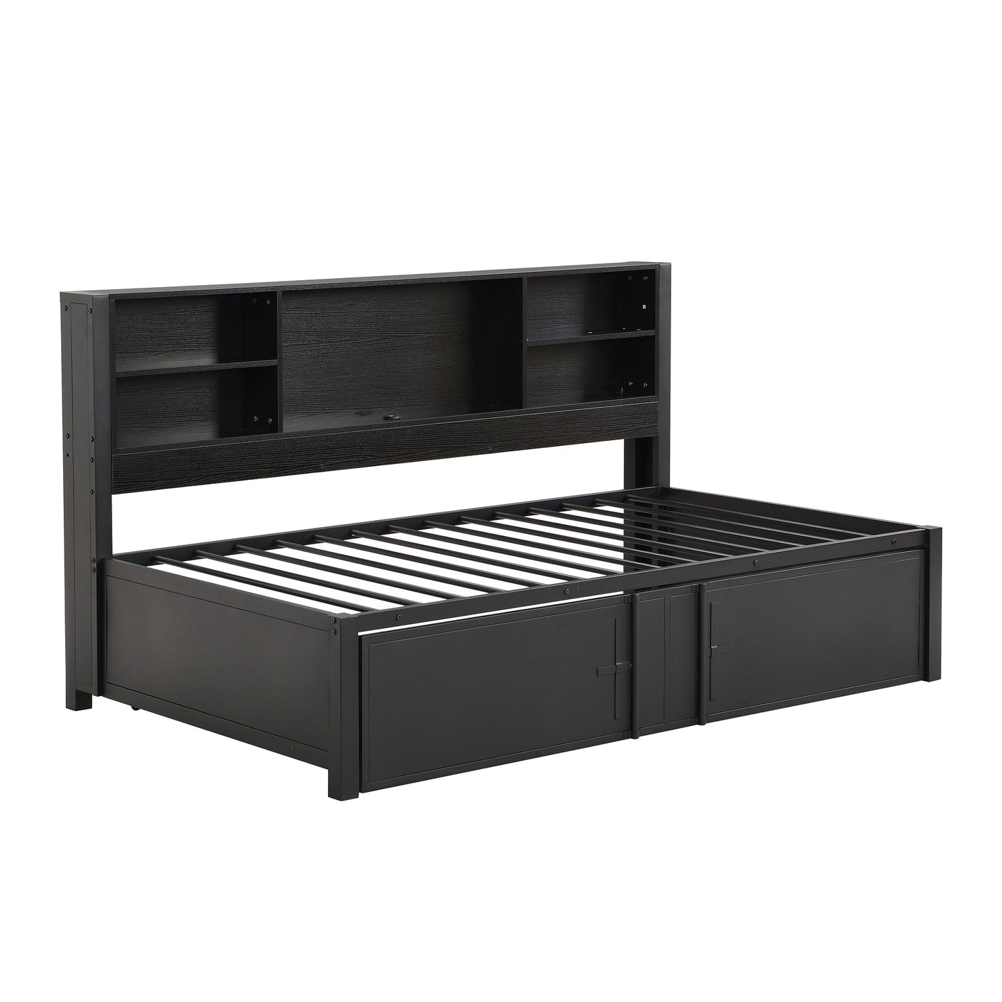 Metal Twin Size Daybed with Trundle, Storage & USB Ports - Black