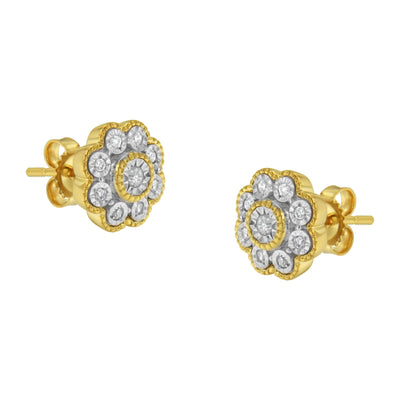 14K Yellow Gold Plated Sterling Silver Floral Diamond Stud Earrings