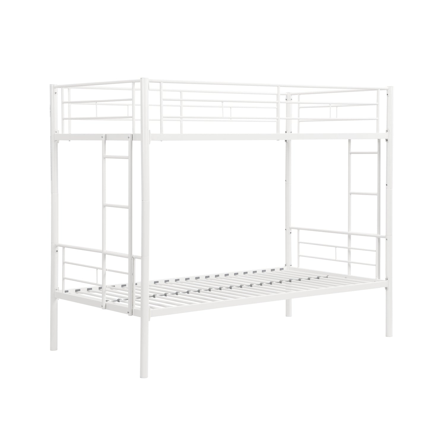 Twin metal bunk beds, metal structure bed frame with safety guardrails and 2 ladders, convertible bunk beds, white - Korvel