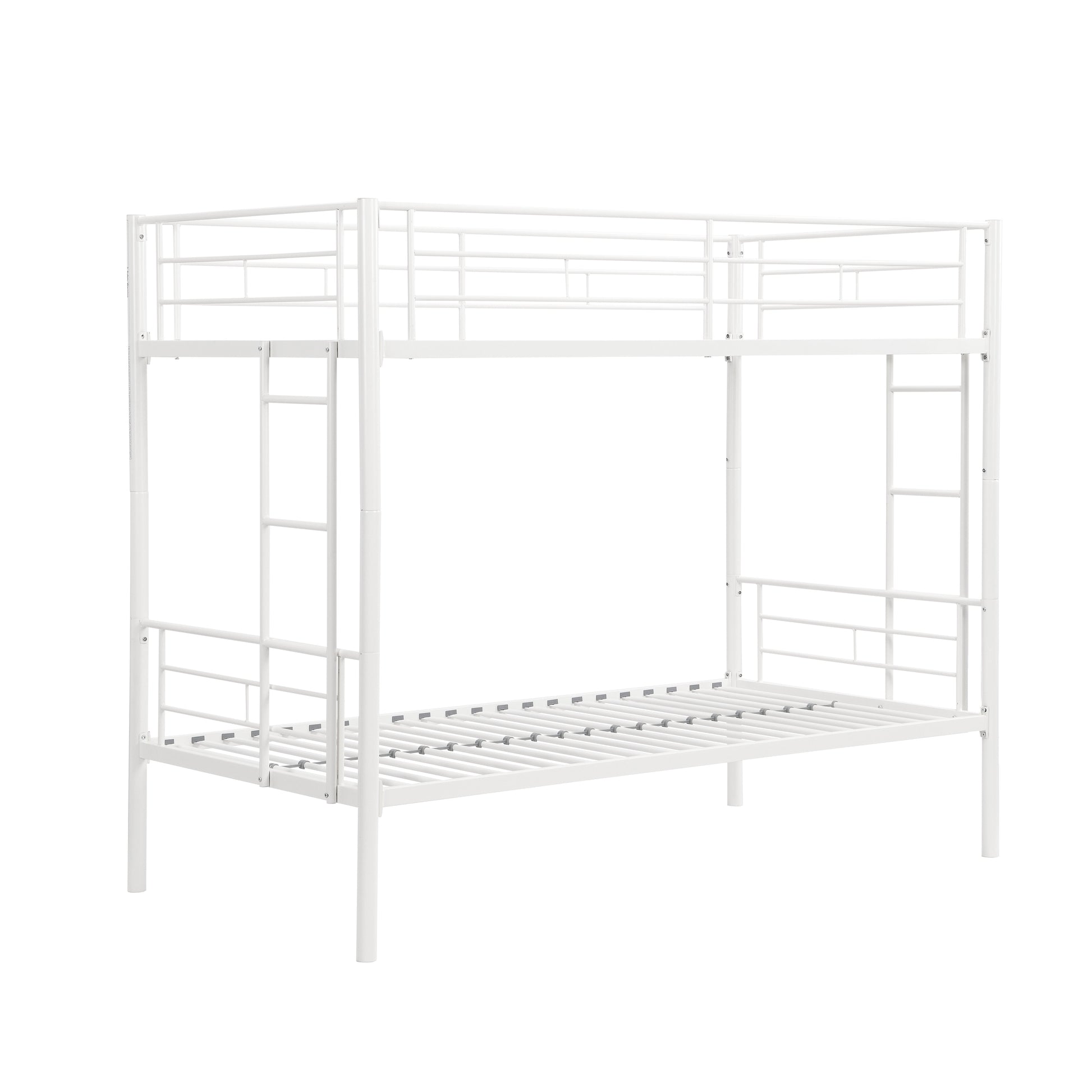 Twin metal bunk beds, metal structure bed frame with safety guardrails and 2 ladders, convertible bunk beds, white - Korvel