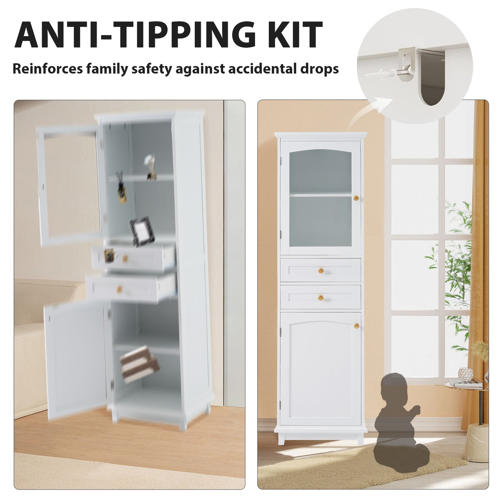 High bathroom storage cabinet with glass door, freestanding, two drawers and adjustable shelves, MDF board, painted white - Korvel