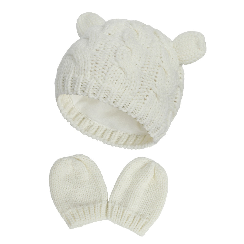 New Baby Kids Girls Boys Winter Warm Knit Hat Ear Solid Warm Cute Glove 2pcs Lovely Beanie Cap 0-18M - Korvel