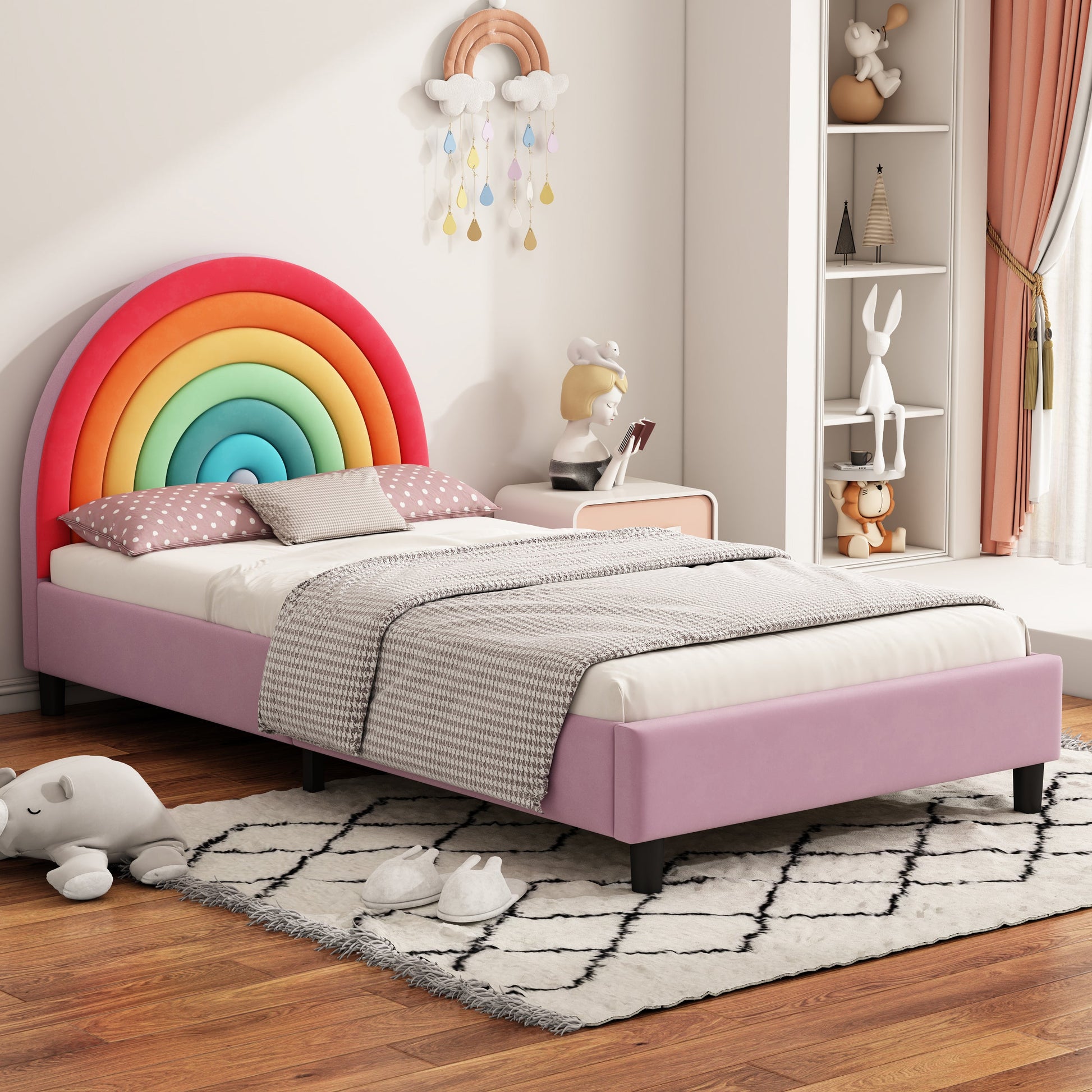 Rainbow Design Upholstered Twin Platform Bed Cute Style Princess Bed for Boys & Girls, Teens, Colorful & Pink - Korvel