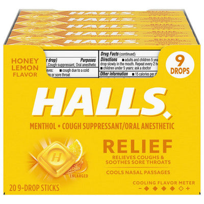 Bonbons contre la toux Halls Relief au miel et au citron - 9 bonbons par stick