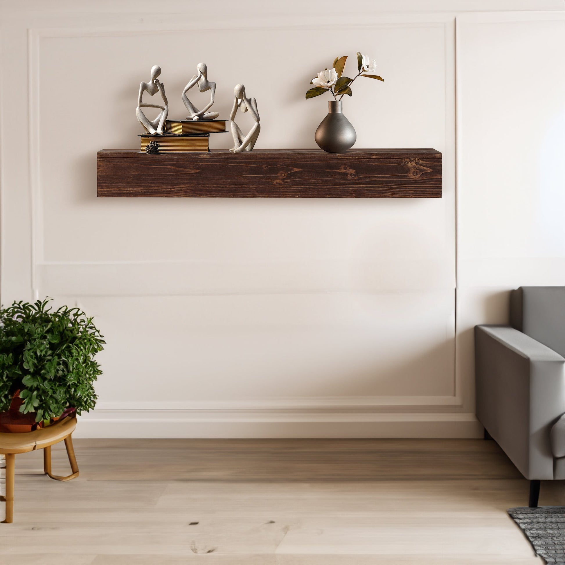 60" Rustic Wood Fireplace Mantel,Wall-Mounted & Floating Shelf for Home Decor Espresso + Solid Wood - Korvel