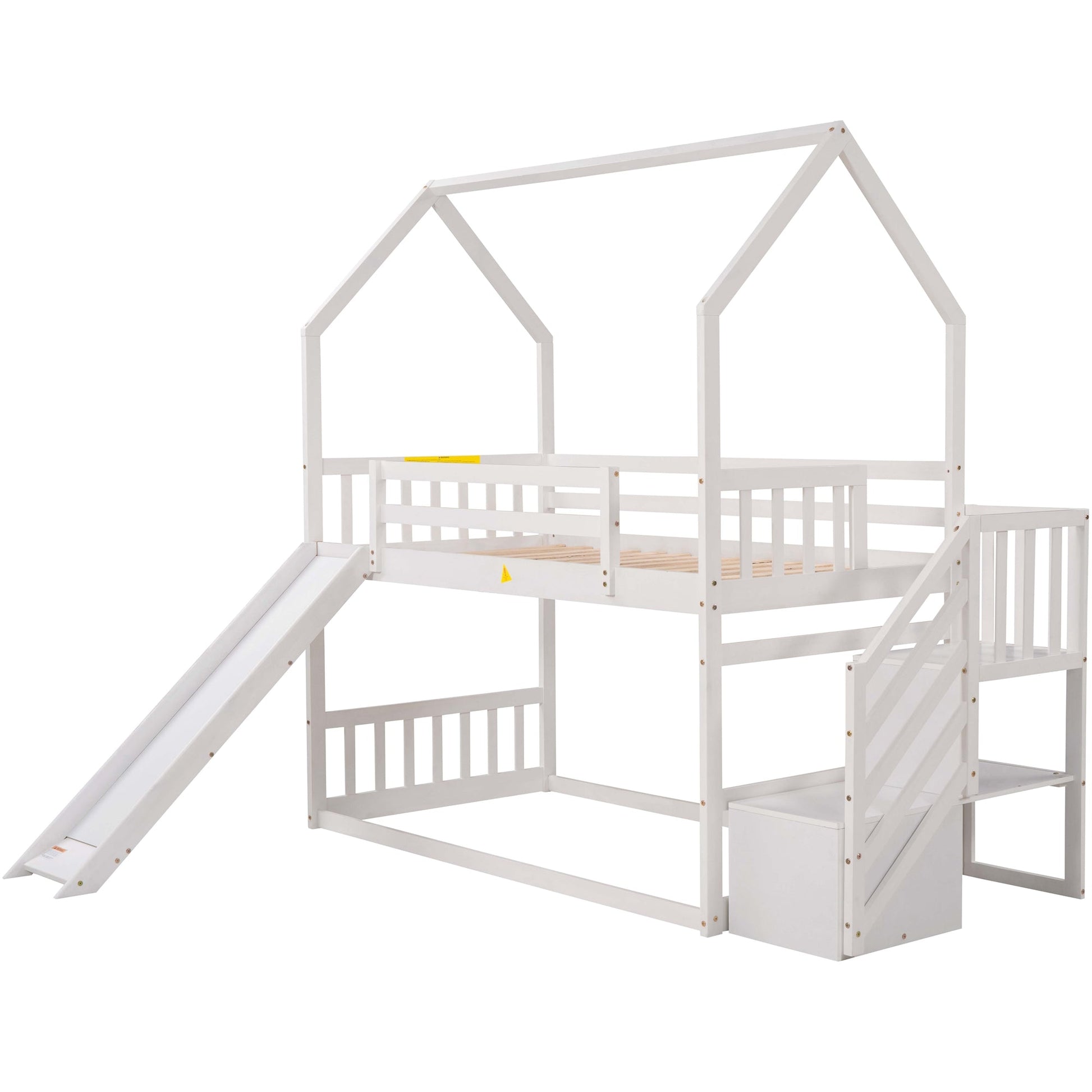 Twin over Twin House Bunk Bed with Convertible Slide,Storage Staircase,White - Korvel