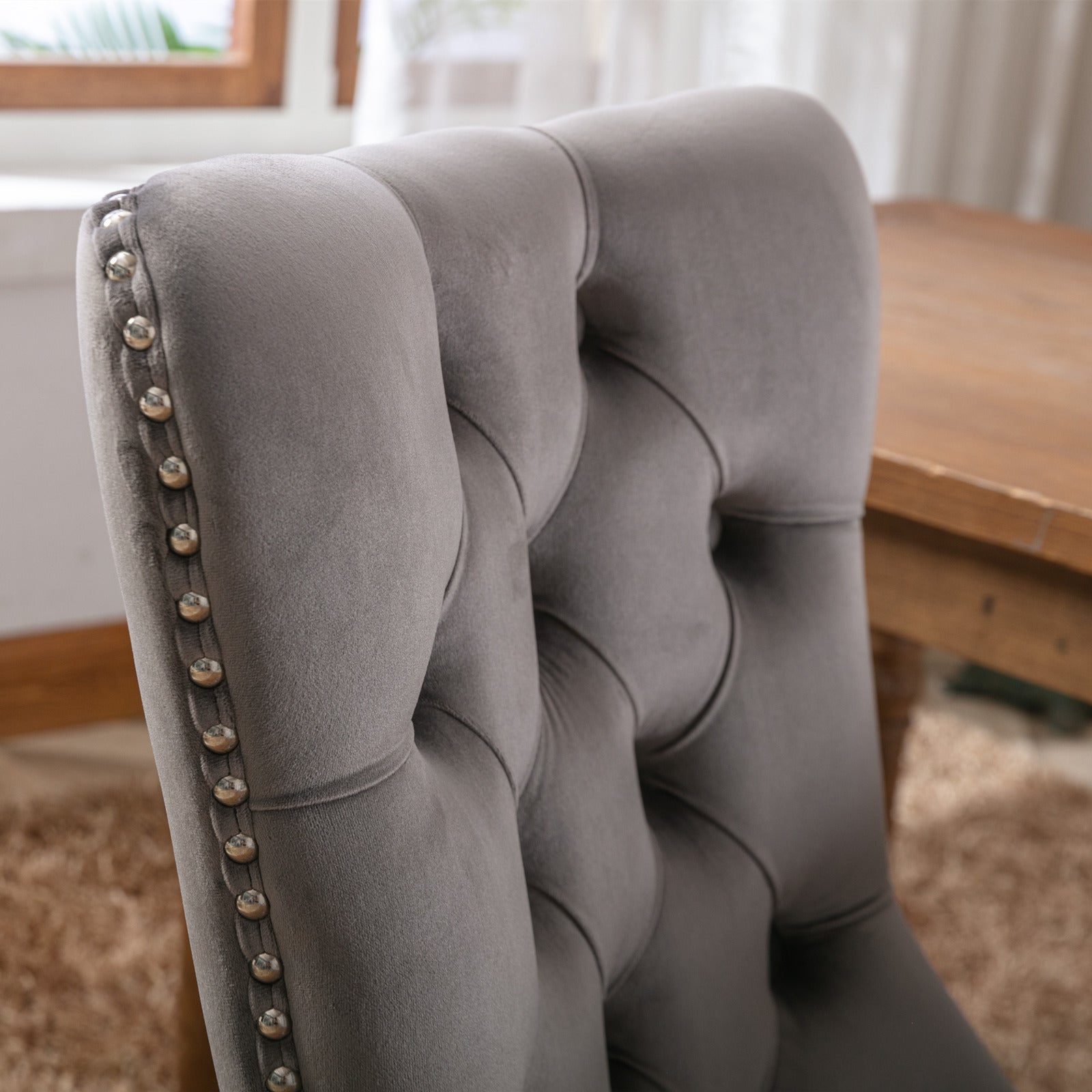 Modern high-end plush solid wood velvet cushioned dining chair with wooden leg nail head decoration, two piece set in gray - Korvel