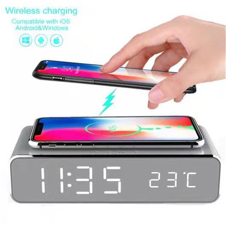 Reloj de escritorio multifuncional con carga inalámbrica y pantalla LED