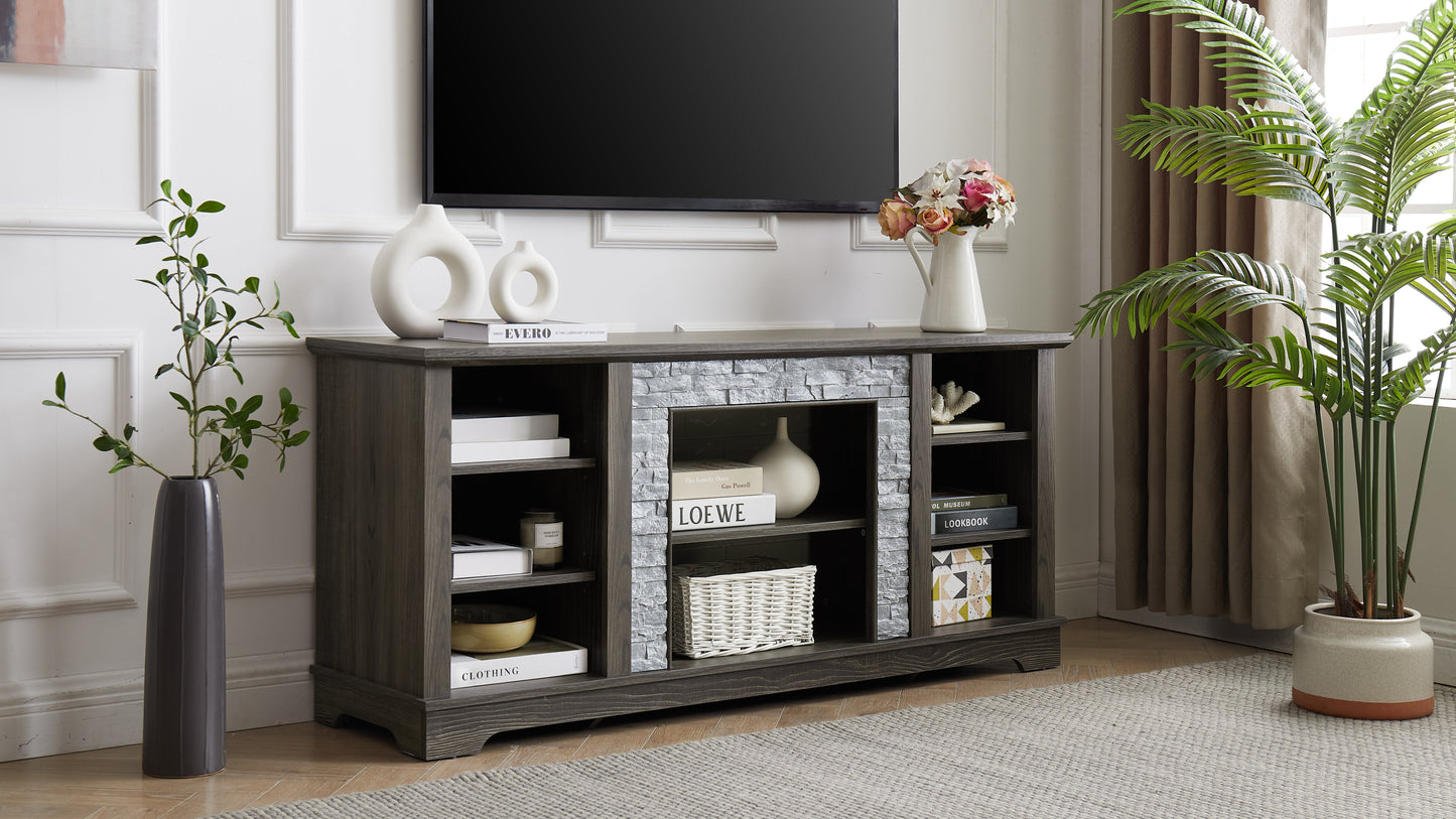 Mantel Stone modern entertainment console, manually stacked stone surrounds open storage space, gray - Korvel