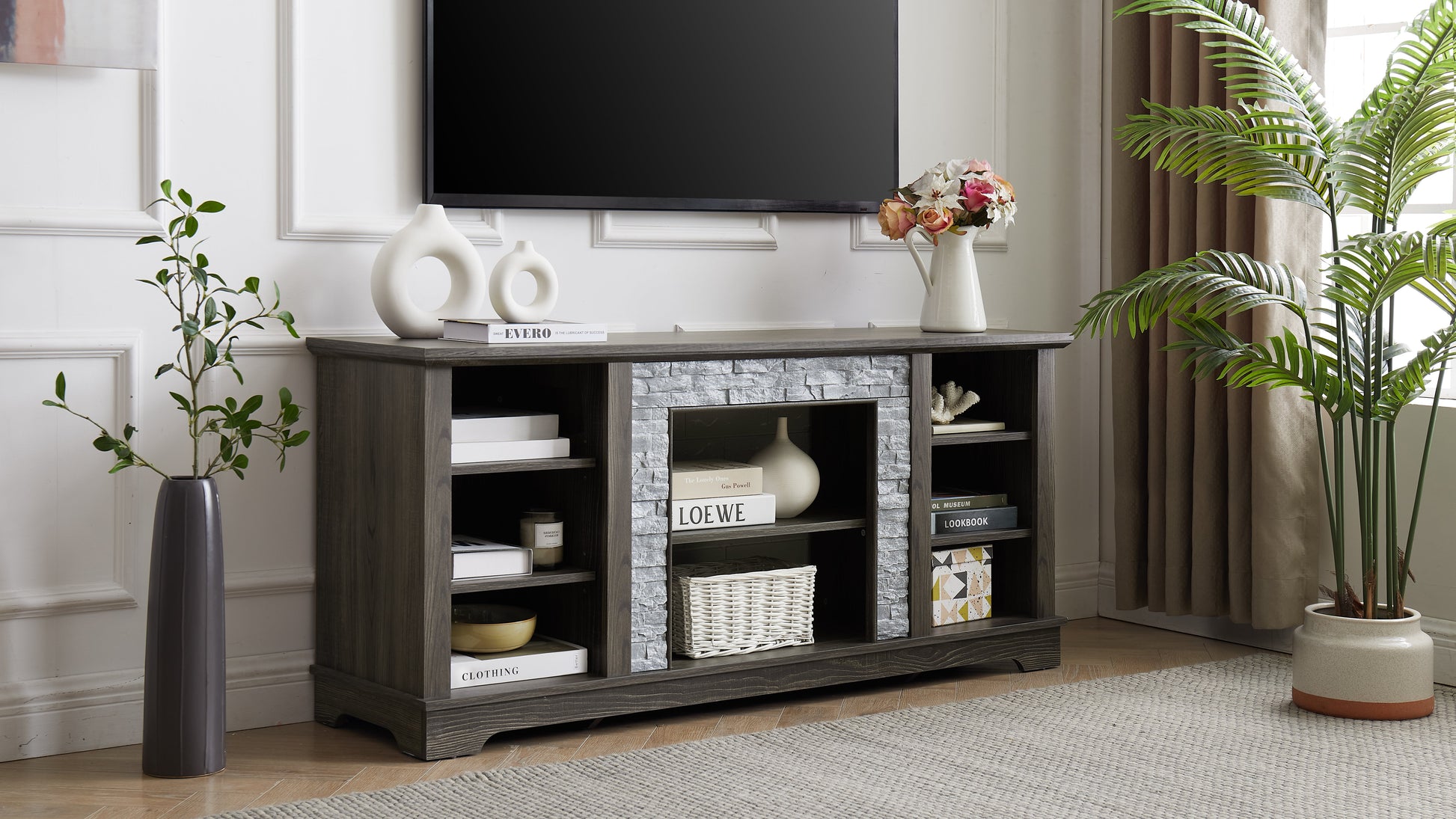 Mantel Stone modern entertainment console, manually stacked stone surrounds open storage space, gray - Korvel