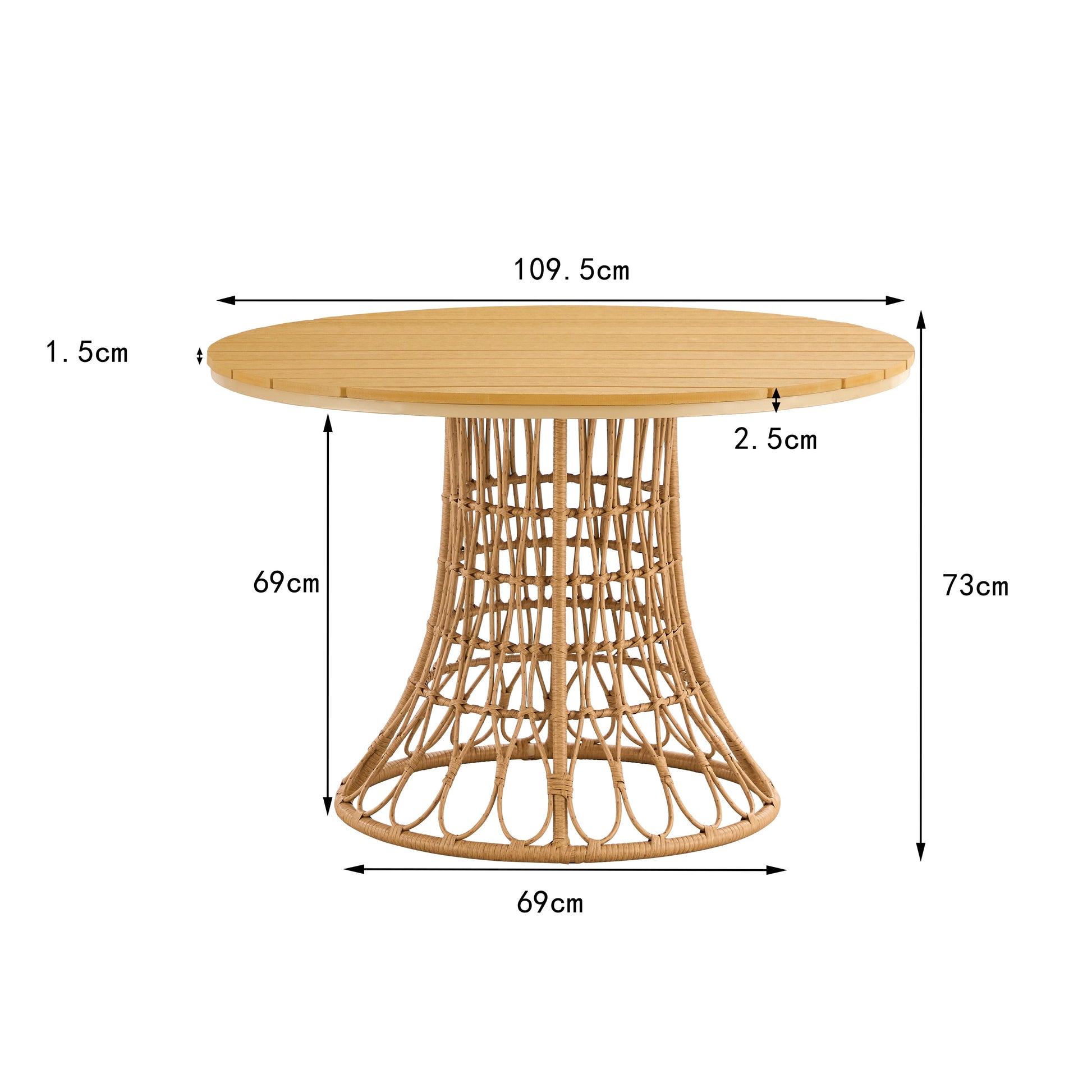 Outdoor dining set of 5 simple bamboo dinning table  PE ratten round table 110CM plastic wood top - Korvel