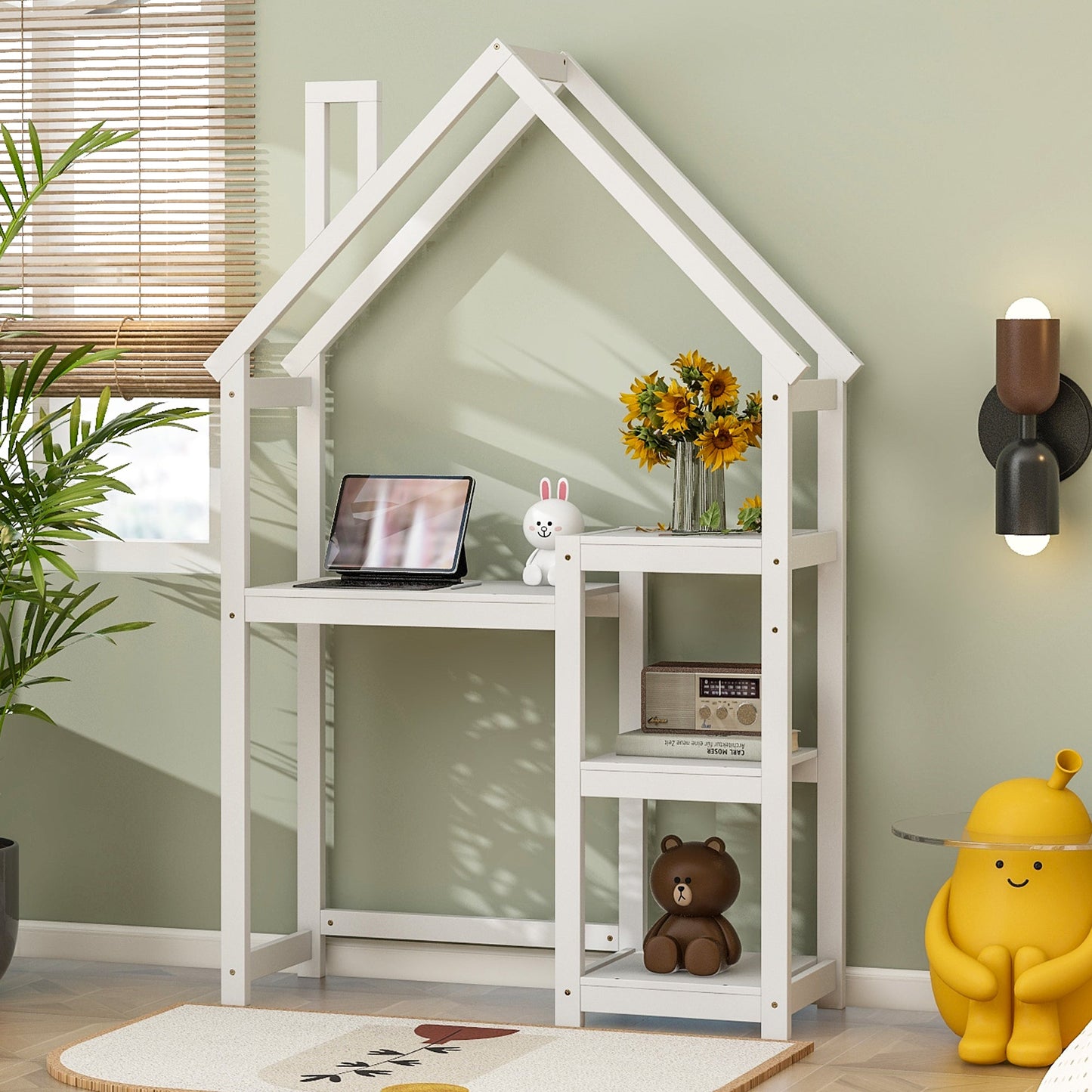 House-shaped Wooden writing Desk,Kids study Table,Bookshelf & Toy Storage,White - Korvel