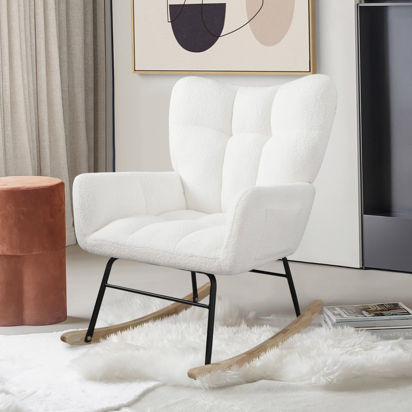 Silla mecedora de tela de terciopelo - Diseño moderno en blanco tapizado