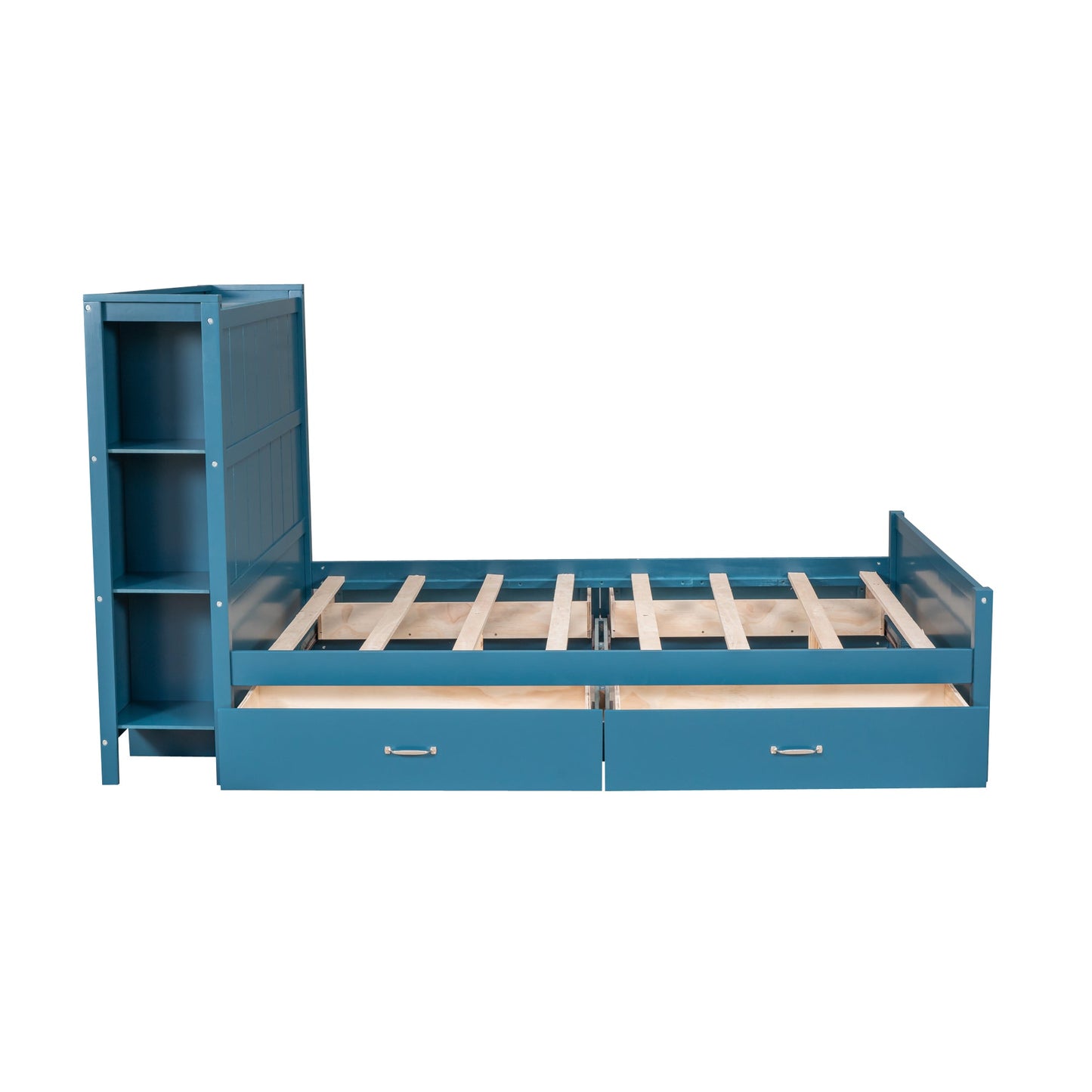Lit plateforme bleu de taille complète avec tiroirs et étagères de rangement