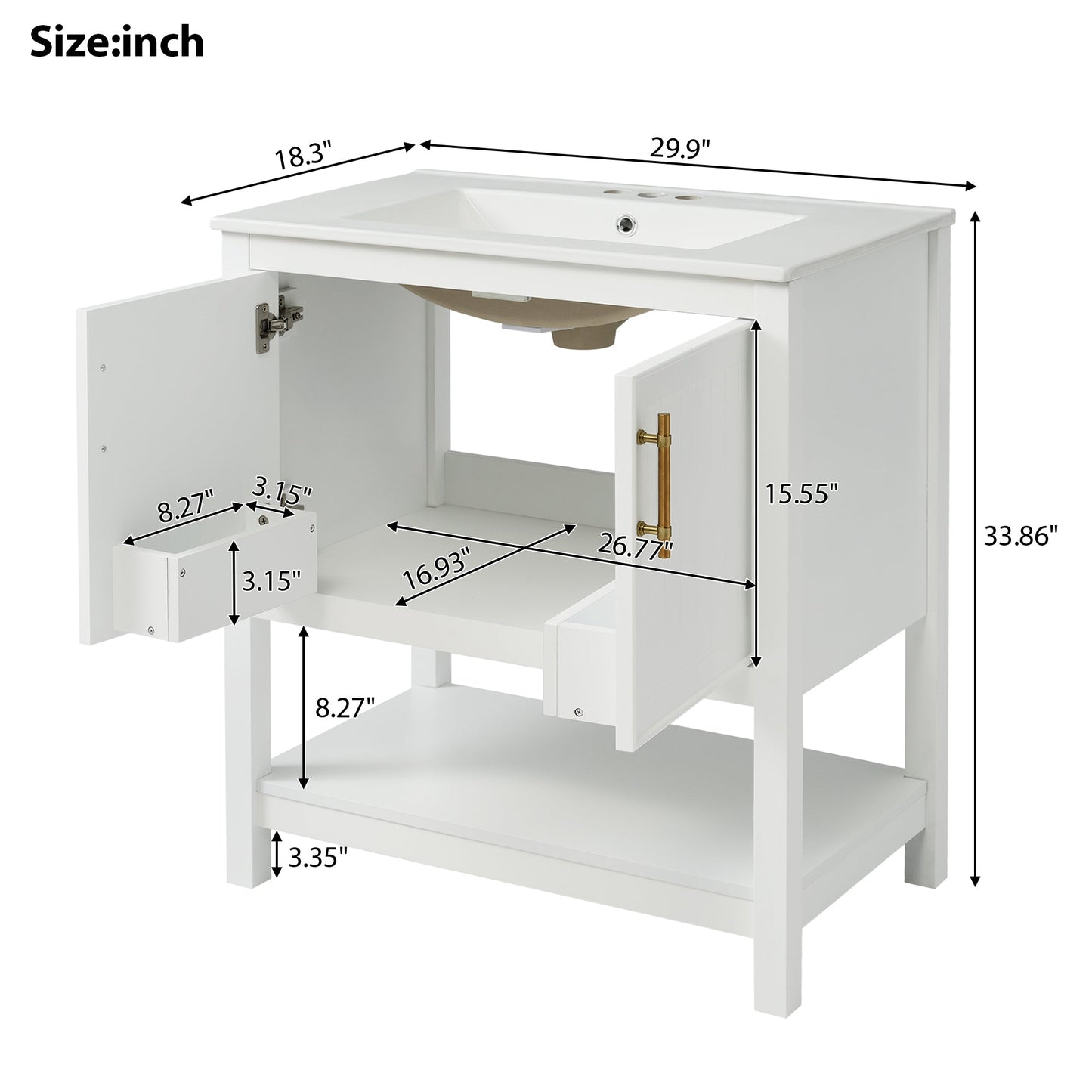30-Inch White Bathroom Vanity with Ceramic Sink and Versatile Storage - Ideal for Small Bathrooms - Korvel