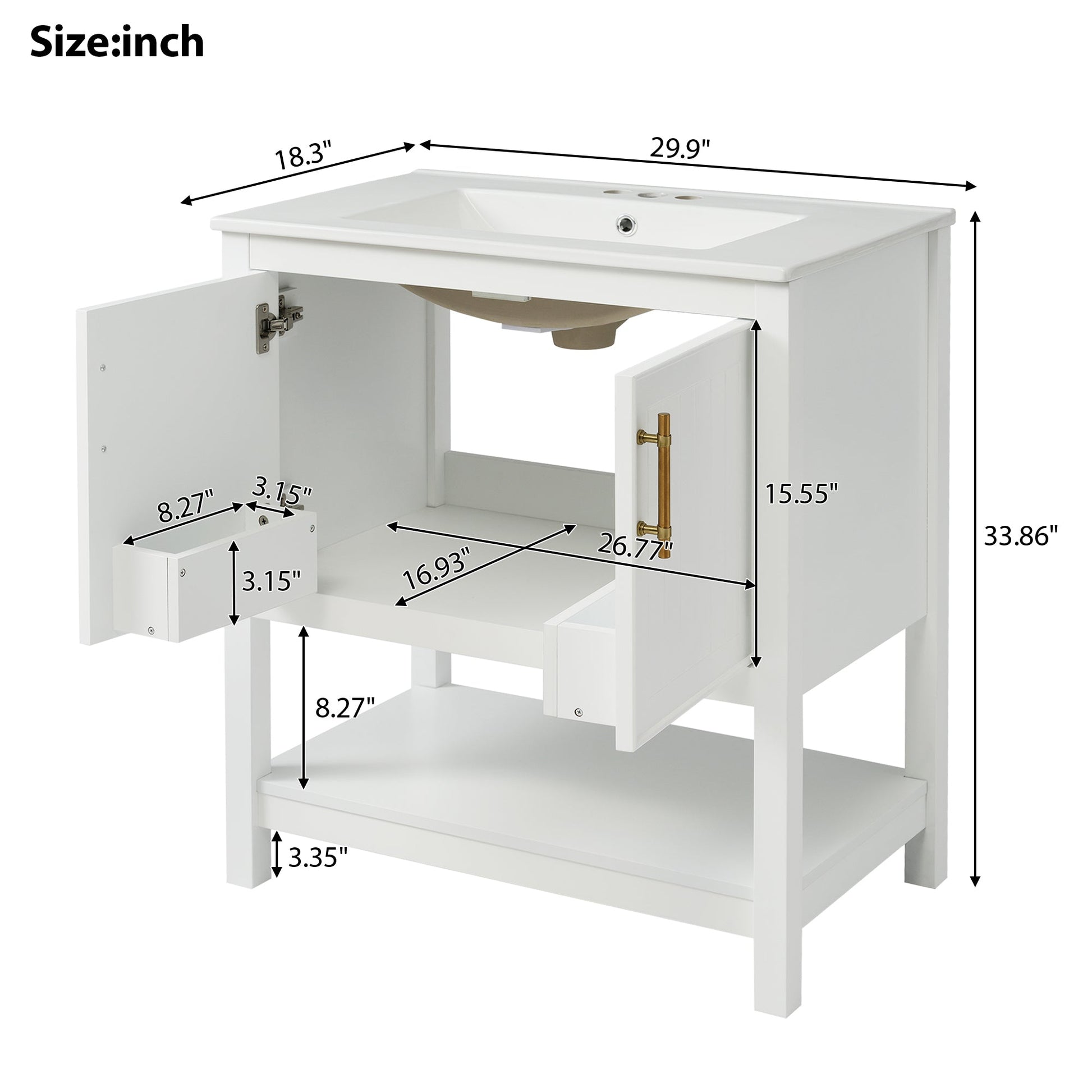 30-Inch White Bathroom Vanity with Ceramic Sink and Versatile Storage - Ideal for Small Bathrooms - Korvel