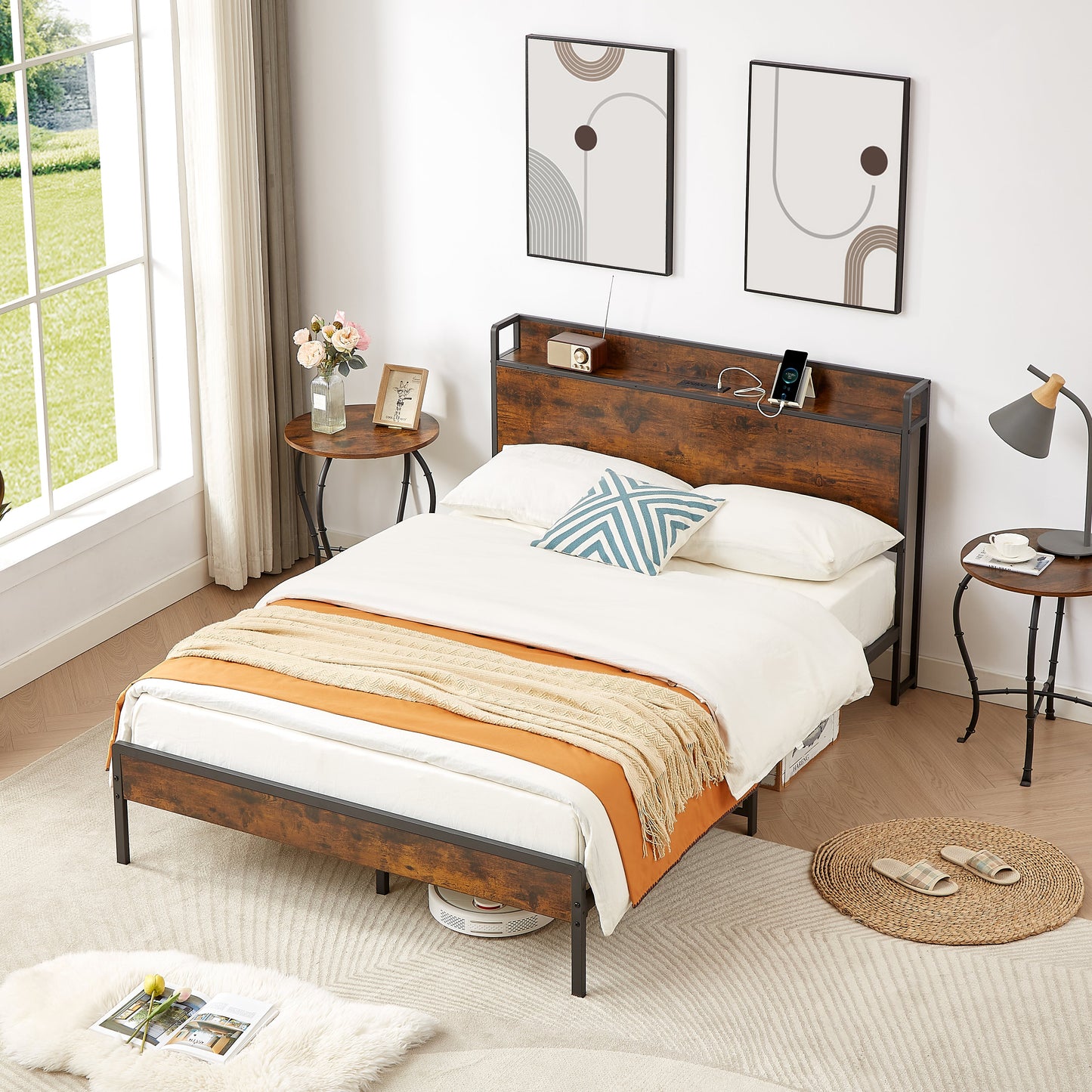 Bed frame with charging station full size, Rustic Brown, 83.1'' L x 56.1'' W x 39'' H - Korvel
