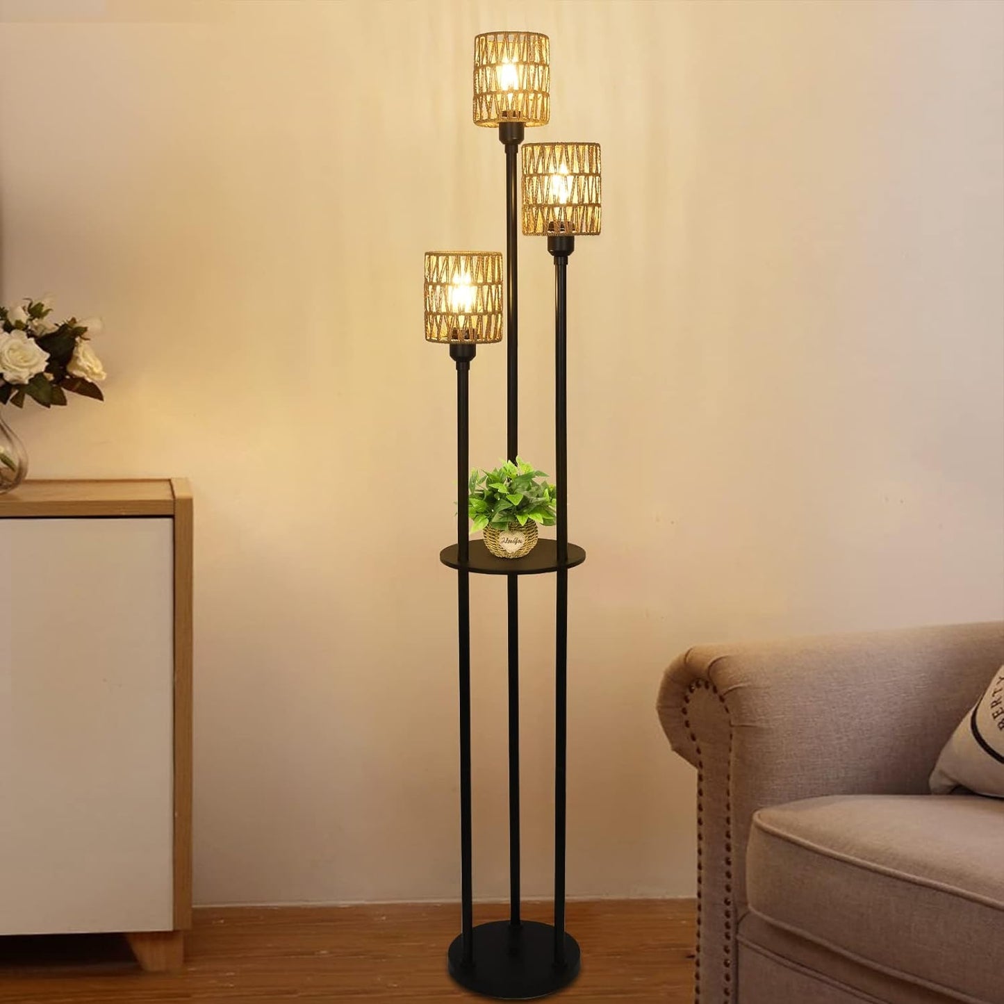 Boho Floor Lamp with Shelves 3-Lights Farmhouse Tall Floor Lamp with ON/OFF Foot Switch Rustic Standing Lamp with Rattan Shades - Korvel
