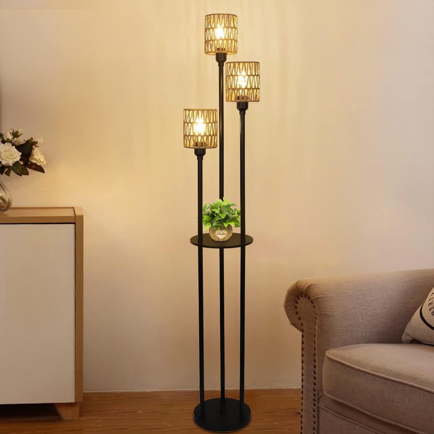 Boho Floor Lamp with Shelves 3-Lights Farmhouse Tall Floor Lamp with ON/OFF Foot Switch Rustic Standing Lamp with Rattan Shades - Korvel