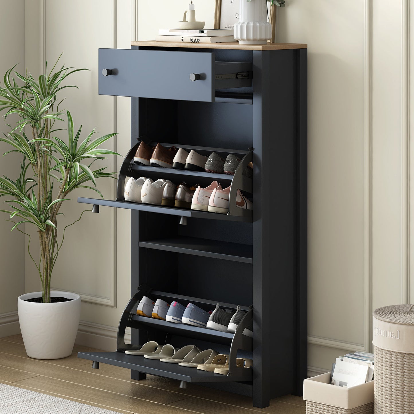 ONTREND Black Shoe Cabinet with 2 Flip Drawers