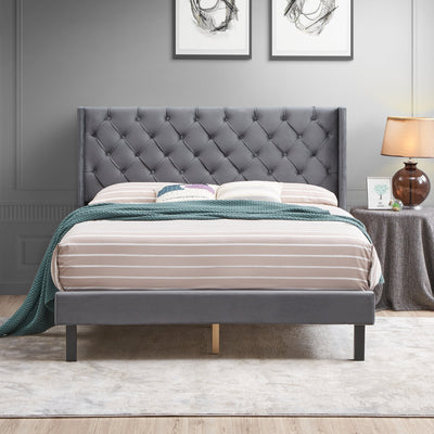 Velvet Button Tufted-Upholstered Bed with Wings Design - Strong Wood Slat Support - Easy Assembly - Gray Queen platform bed - Korvel