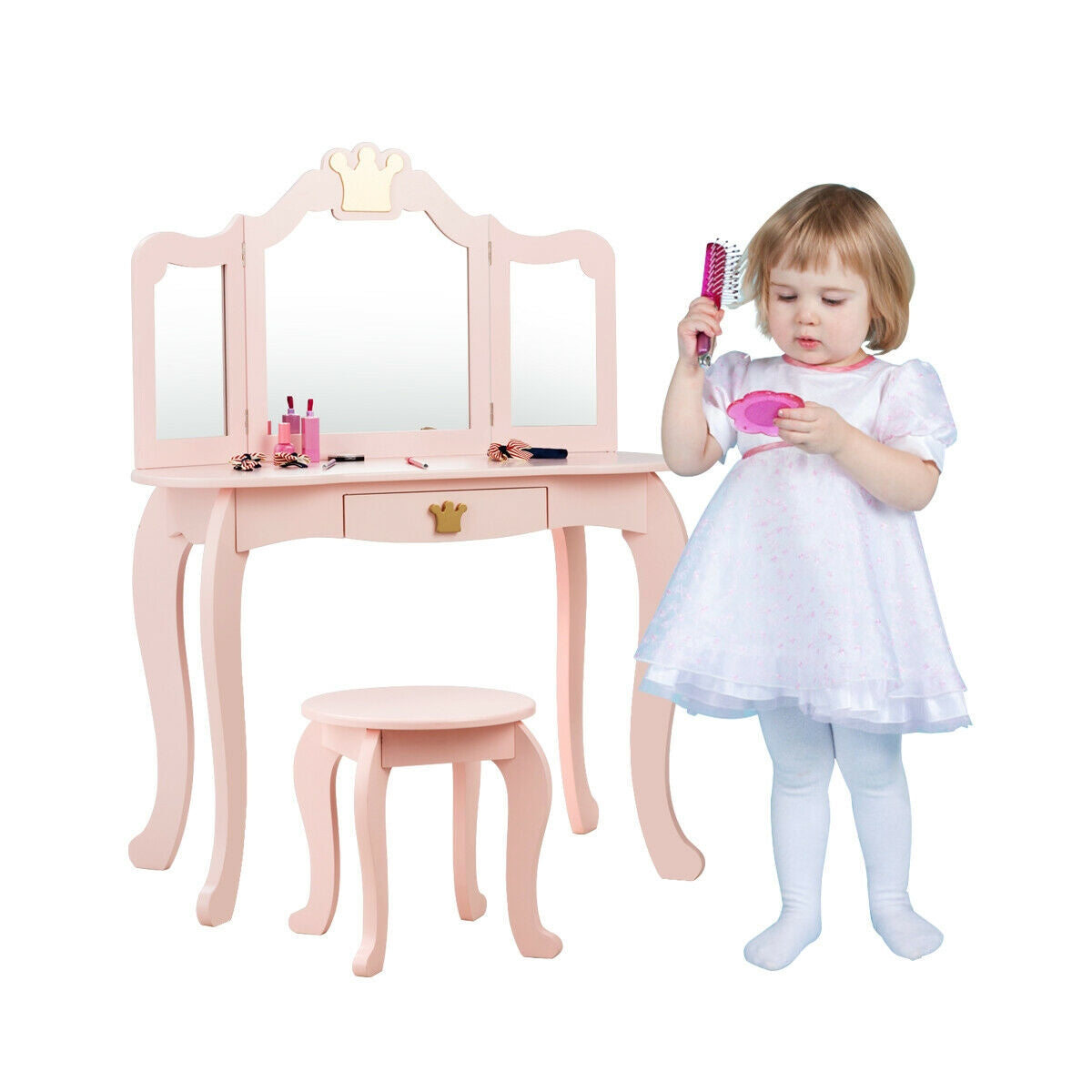 Kids Makeup Dressing Table with Tri-Folding Mirror - Pink