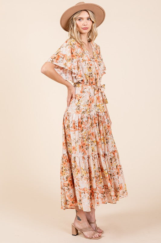 Vestido de Verano Floral con Cintura Ajustable y Mangas de Volante en Capas