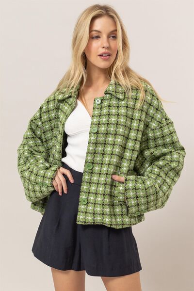Elegante Chaqueta de Botones de Cuadros de Tweed Verde