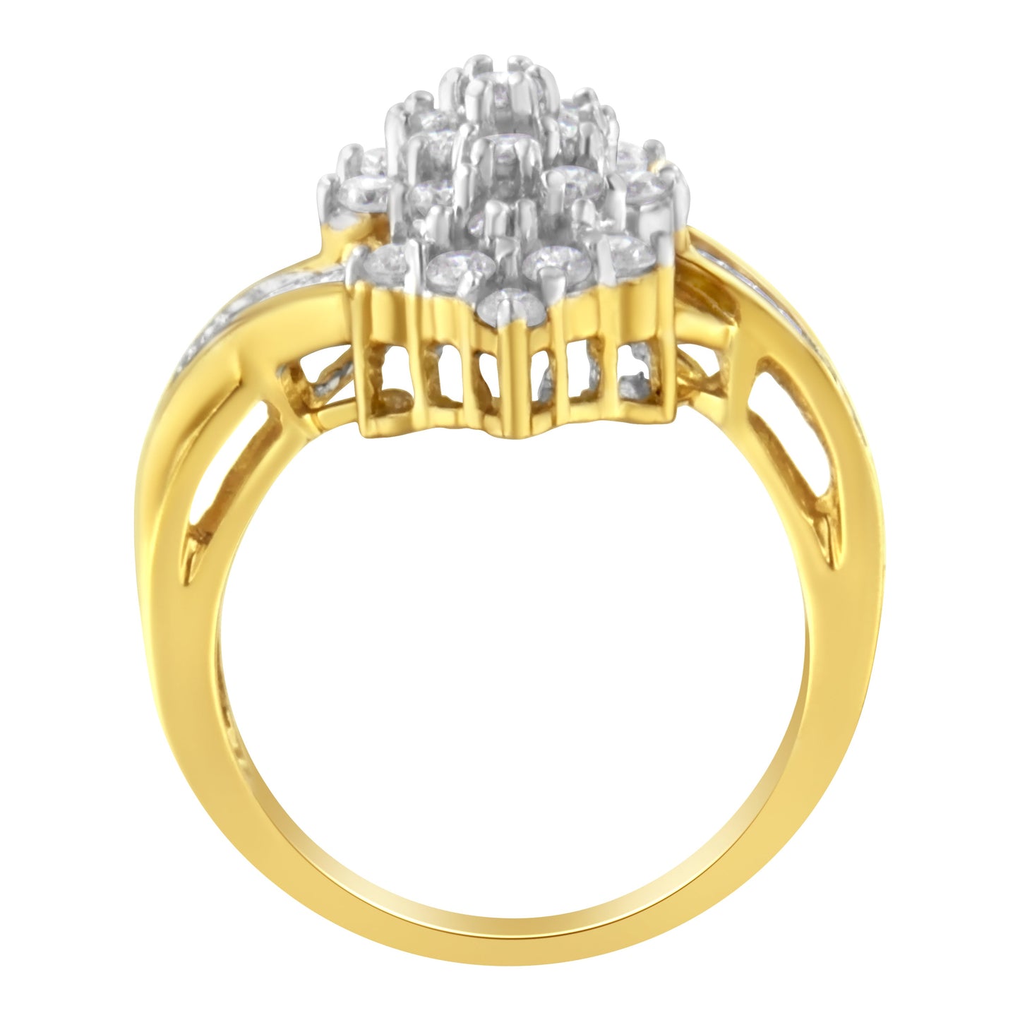 10K Yellow Gold Round and Baguette Cut Diamond Cluster Ring - Size 7