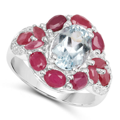 3.54 Carat Aquamarine, Ruby & White Topaz Sterling Silver Ring