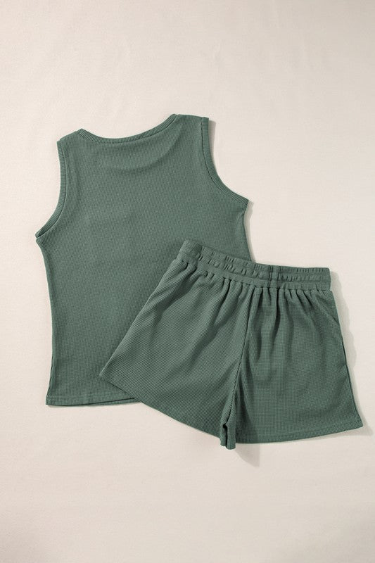 Conjunto de Tank Top de Punto con Bolsillos Parcheados y Pantalones Cortos con Cuerda