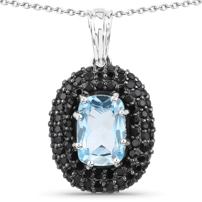 Elegant 6.70 Carat Blue Topaz & Black Spinel Pendant in Sterling Silver