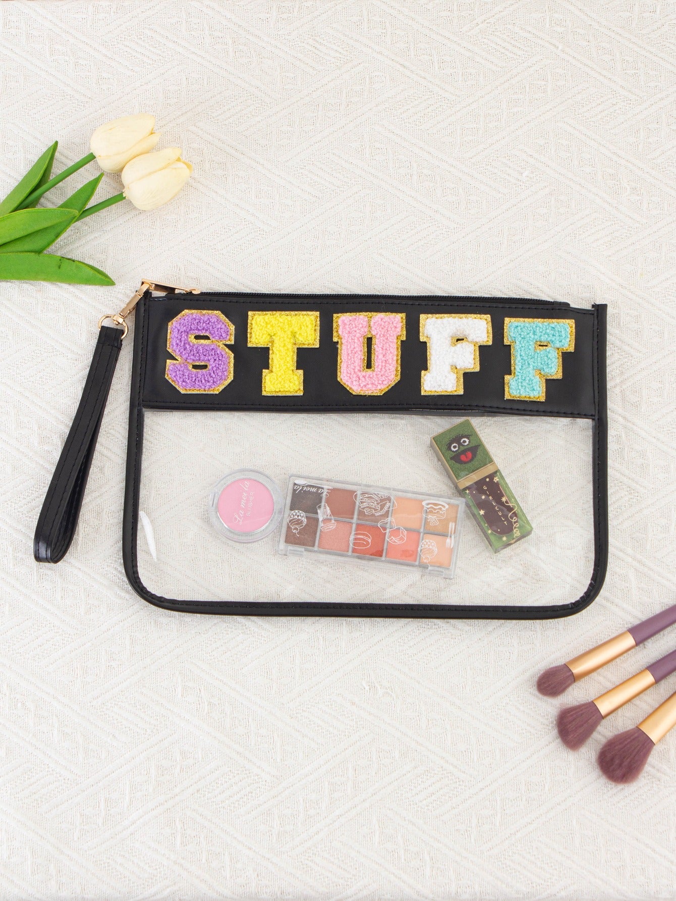 Bolsa de Maquillaje de PVC Transparente con Letra Bordada